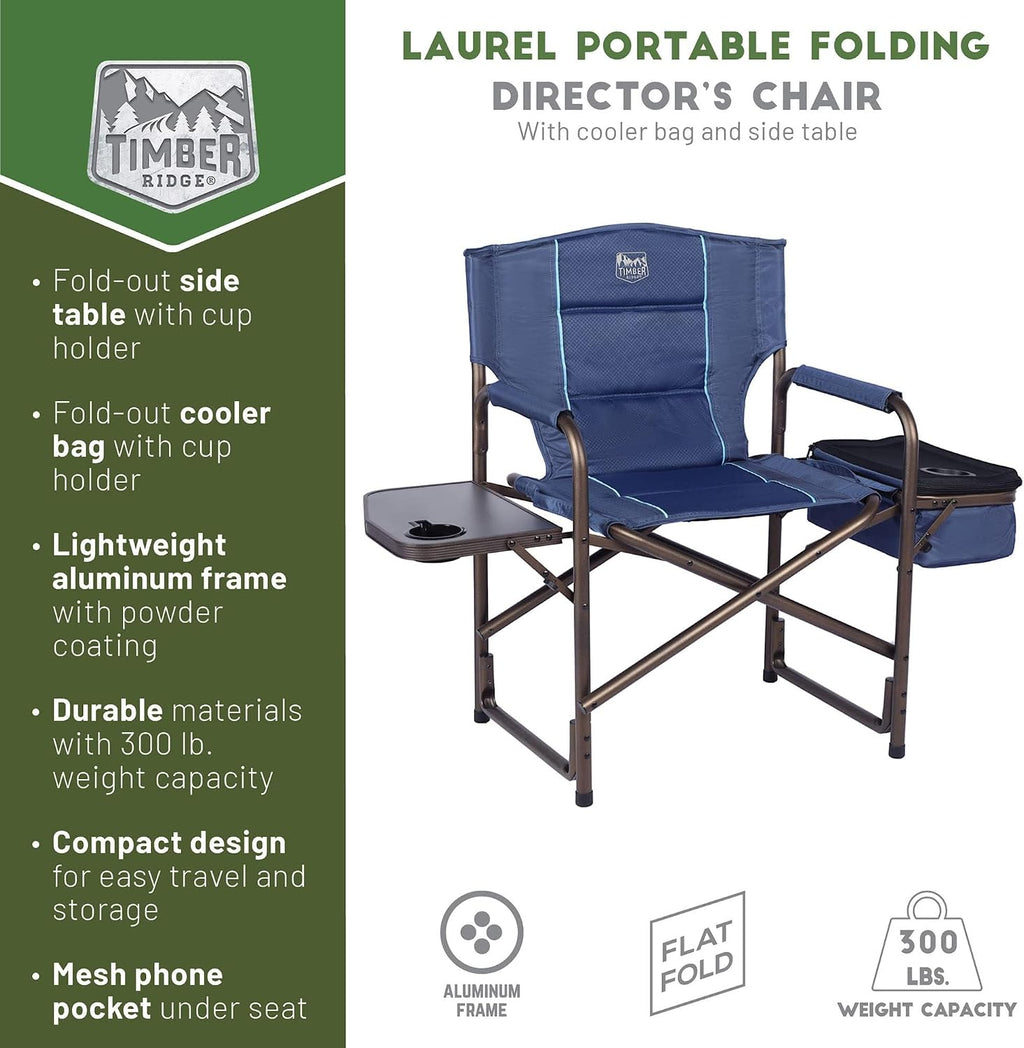 TIMBER RIDGE Folding Camping Chair with Cooler Bag, Director Chair Foldable with Side Table for Adults, Camp Chairs for Outdoor, Lawn, Sports, Fishing, Heavy Duty Supports 300lbs, Blue