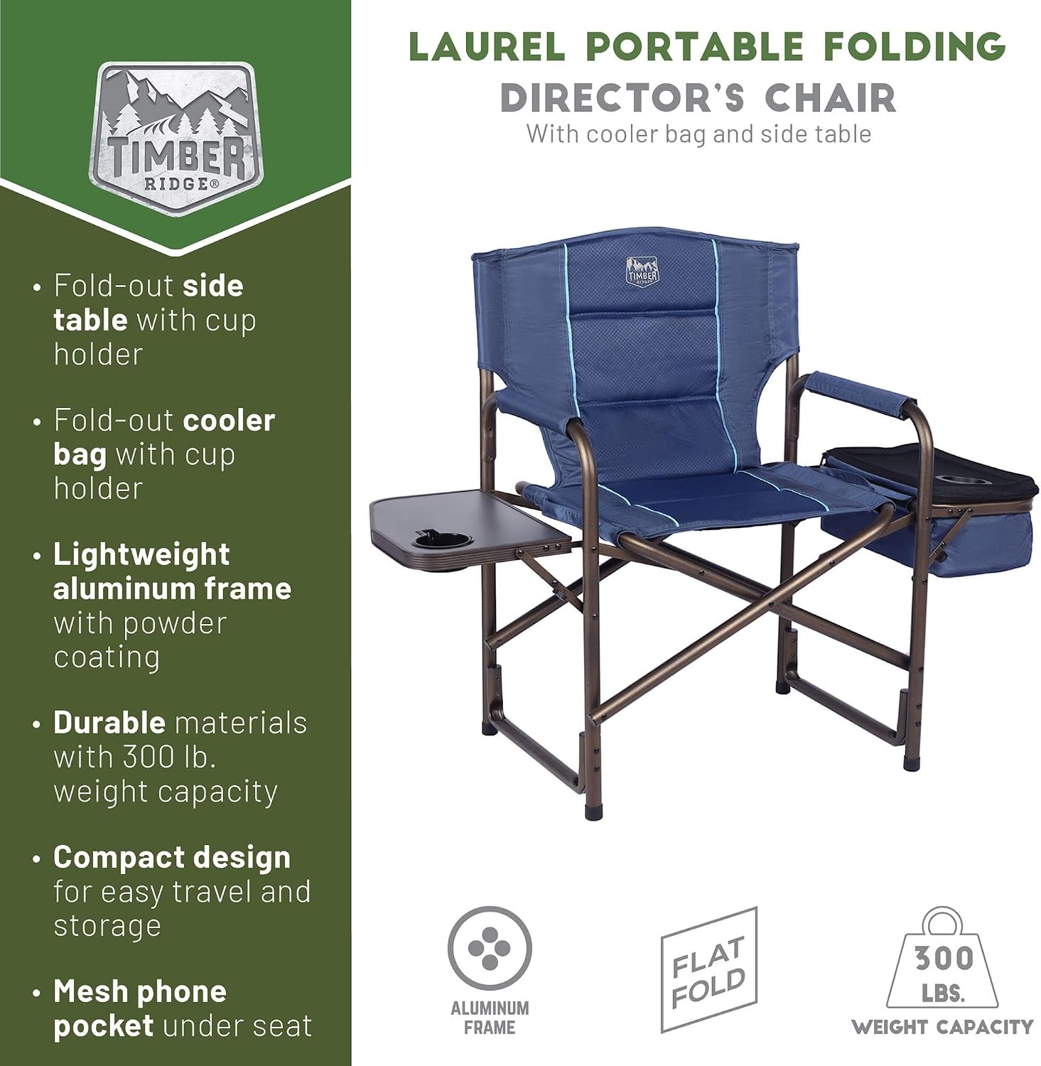 TIMBER RIDGE Folding Camping Chair with Cooler Bag, Director Chair Foldable with Side Table for Adults, Camp Chairs for Outdoor, Lawn, Sports, Fishing, Heavy Duty Supports 300lbs, Blue