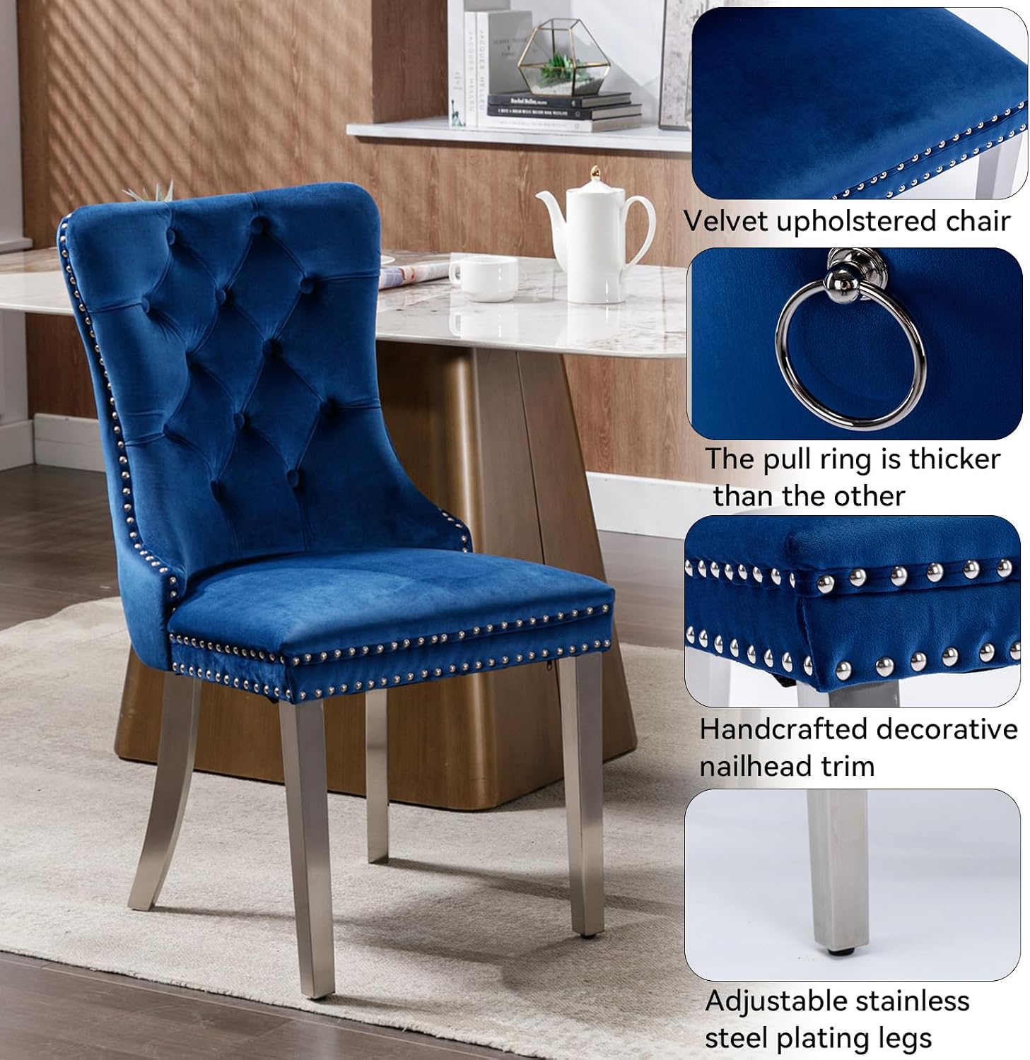 7 Pieces 47'-63' White Faux Marble Extendable Dining Table Set, Round Expanding Kitchen and Dining Room Table Set for 6 with Mirrored Acrylic Base & Blue Velvet Upholstered Chairs