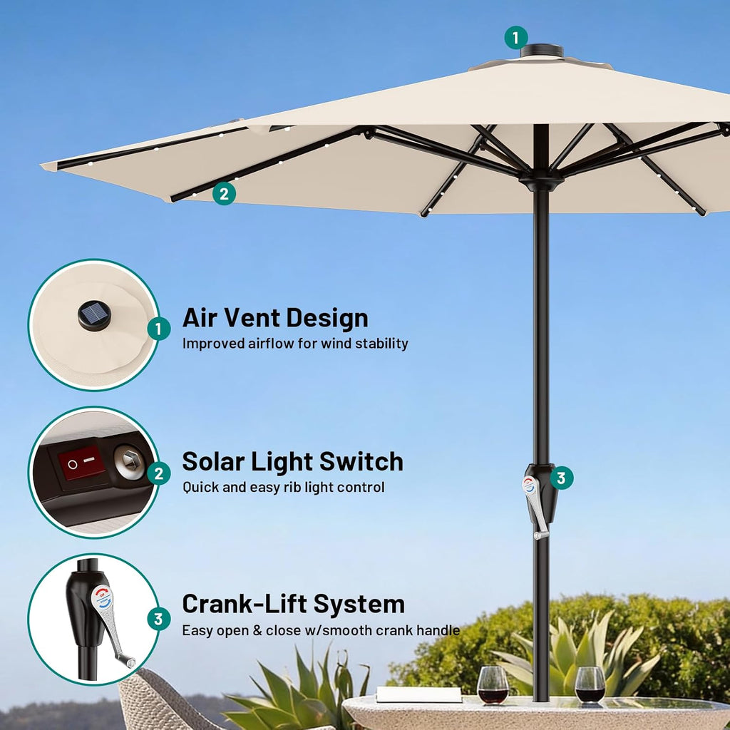 AreShark 12FT Large Patio Umbrella with Solar Lights, Solar Powered Outdoor Umbrella with Crank, Patio Table Market Umbrellas for Garden, Deck, Backyard, Pool and Beach, Cream-White