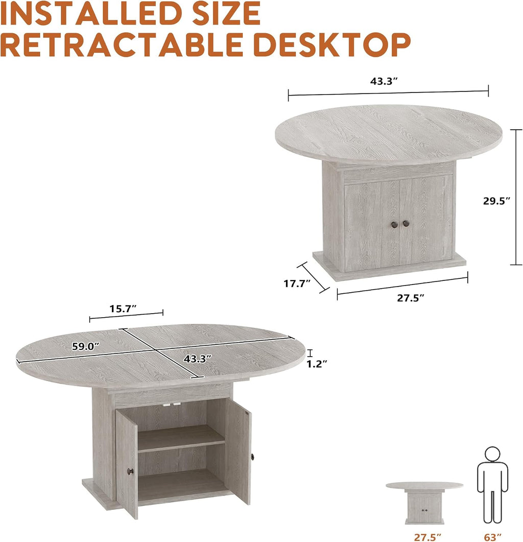 43.3in-59in Extendable Round Dining Table for 4-8, Modern Expandable Kitchen Oval Dining Table, Space Saving Circle Dining Room Table with Storage Shelf for Kitchen Living Room (Grey)