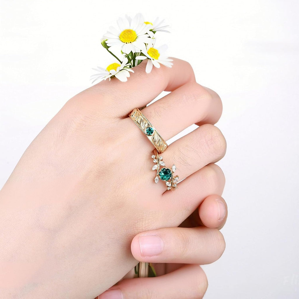 SISGEM Moissanite Couple Rings Set, 10K 14K 18K Solid Gold Moissanite Wedding Rings for Him And Her, Vintage Leaf/Branch Wedding Bands Matching Couple Rings Anniversary Jewelry Gift for Women And Men