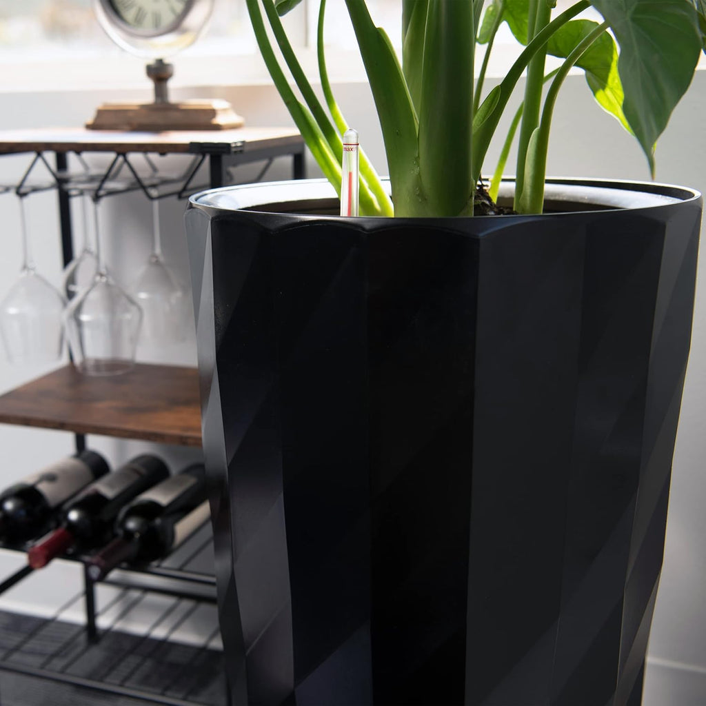 XBrand 30' H Black Plastic Self Watering Indoor Outdoor Diamond Look Round Planter Pot, Tall Decorative Gardening Pot, Home Décor Accent