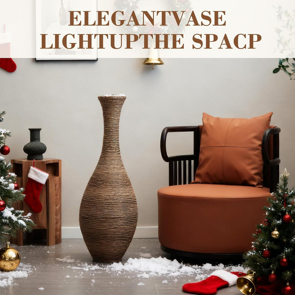 40' Tall Large Rattan Standing Floor Vase Modern Decorative Accent Flower Holder Floor Vase for Living Room Entryway Dining Room Stylish Home Décor Statement Piece (Beige+Grey)
