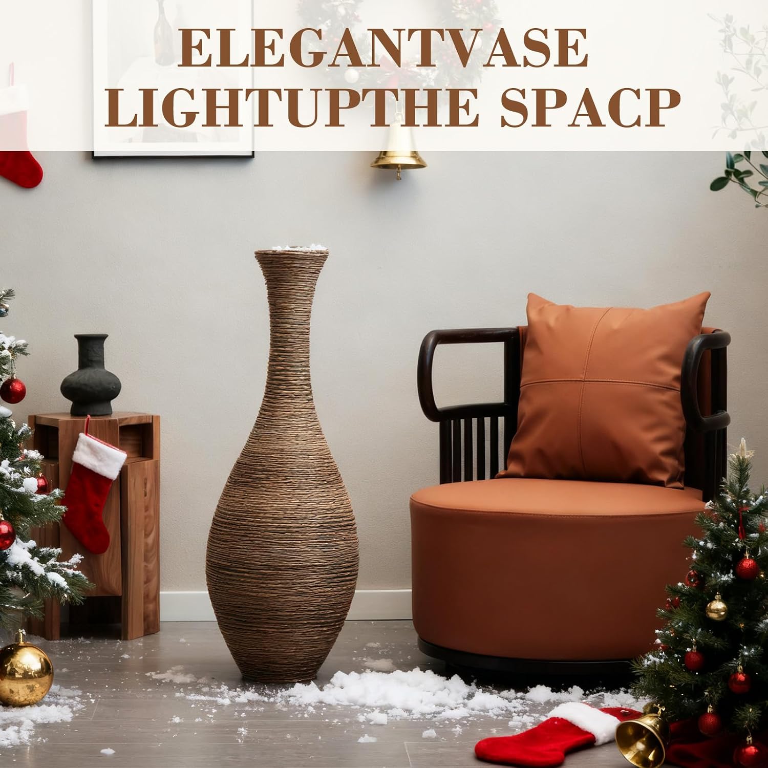 40' Tall Large Rattan Standing Floor Vase Modern Decorative Accent Flower Holder Floor Vase for Living Room Entryway Dining Room Stylish Home Décor Statement Piece (Beige+Grey)