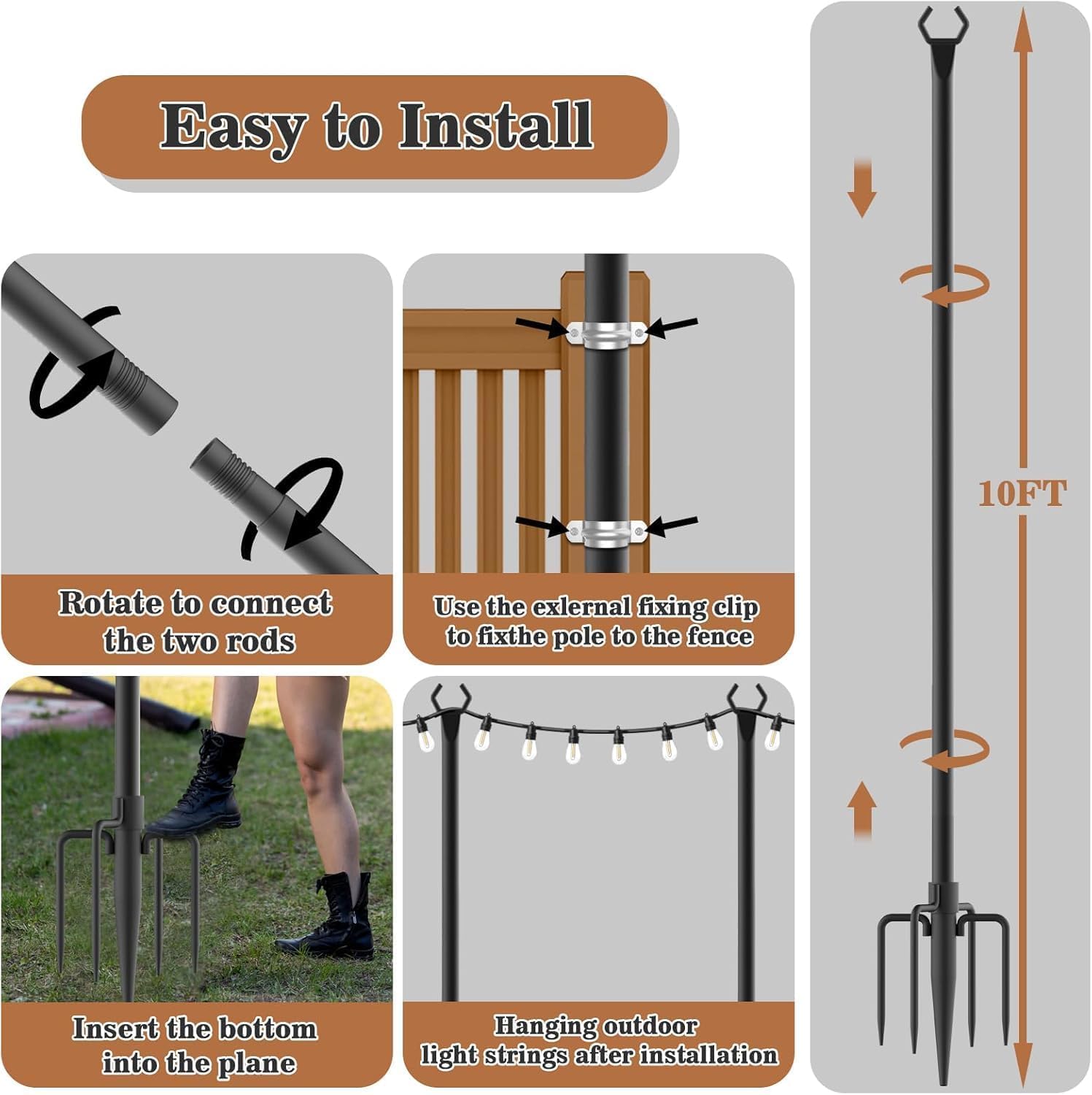 NUERPO 10 Pack String Light Poles,Metal Poles for Hanging Outdoor Light Strings,10 Pack 10 FT Light Poles Stand for Outside Garden,Patio,Wedding,Backyard,Deck,Party
