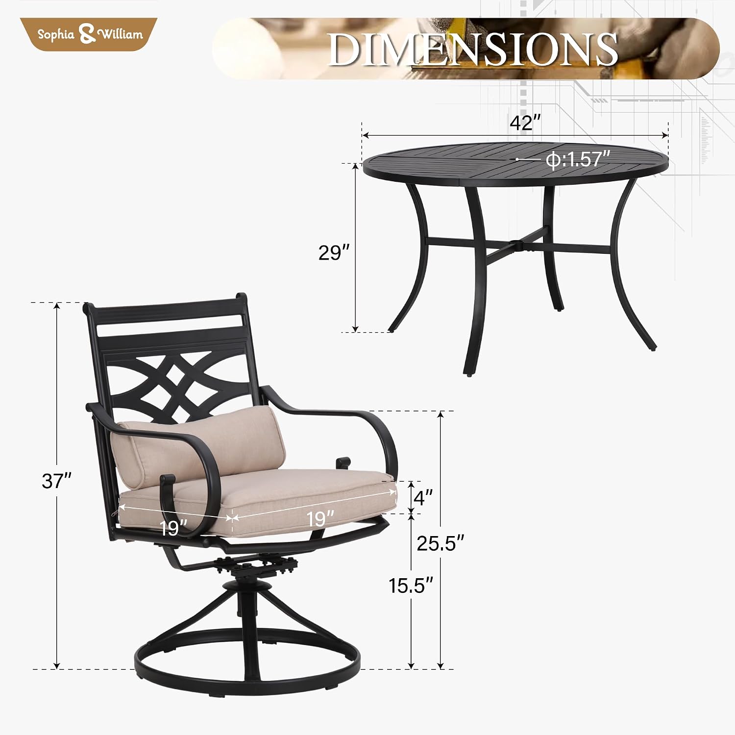 Sophia and William Swivel Patio Dining Set for 4, Outdoor Table and Chairs, Removable Seat Cushions, Black 42' Round Patio Dining Table