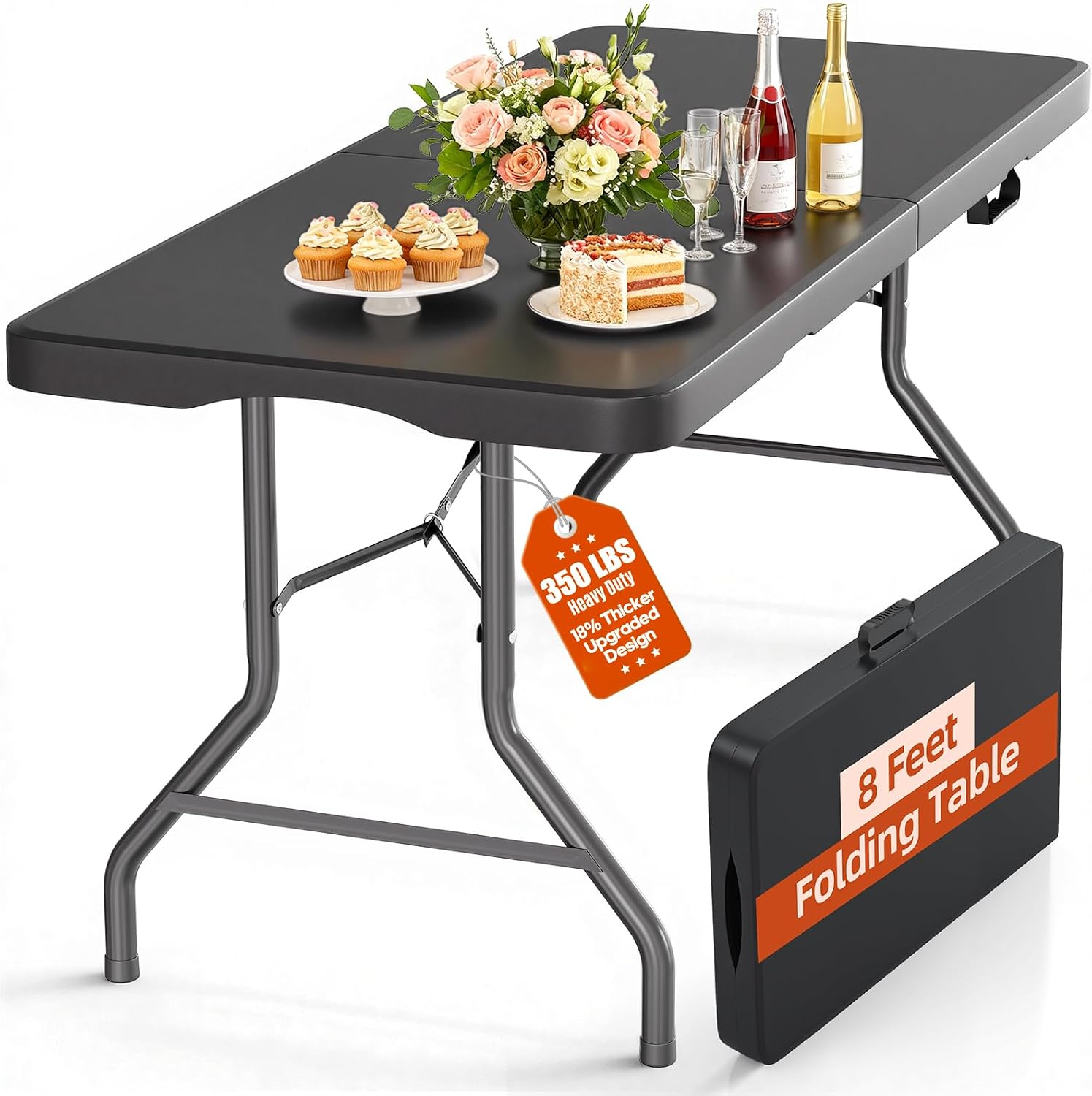 8 Foot Folding Table 350 LBS Heavy Duty, 18% Thicker HDPE Waterproof Top, Portable Fold in Half with Carry Handle and Safety Locks, Reinforced Steel Frame for Indoor Outdoor Party Events
