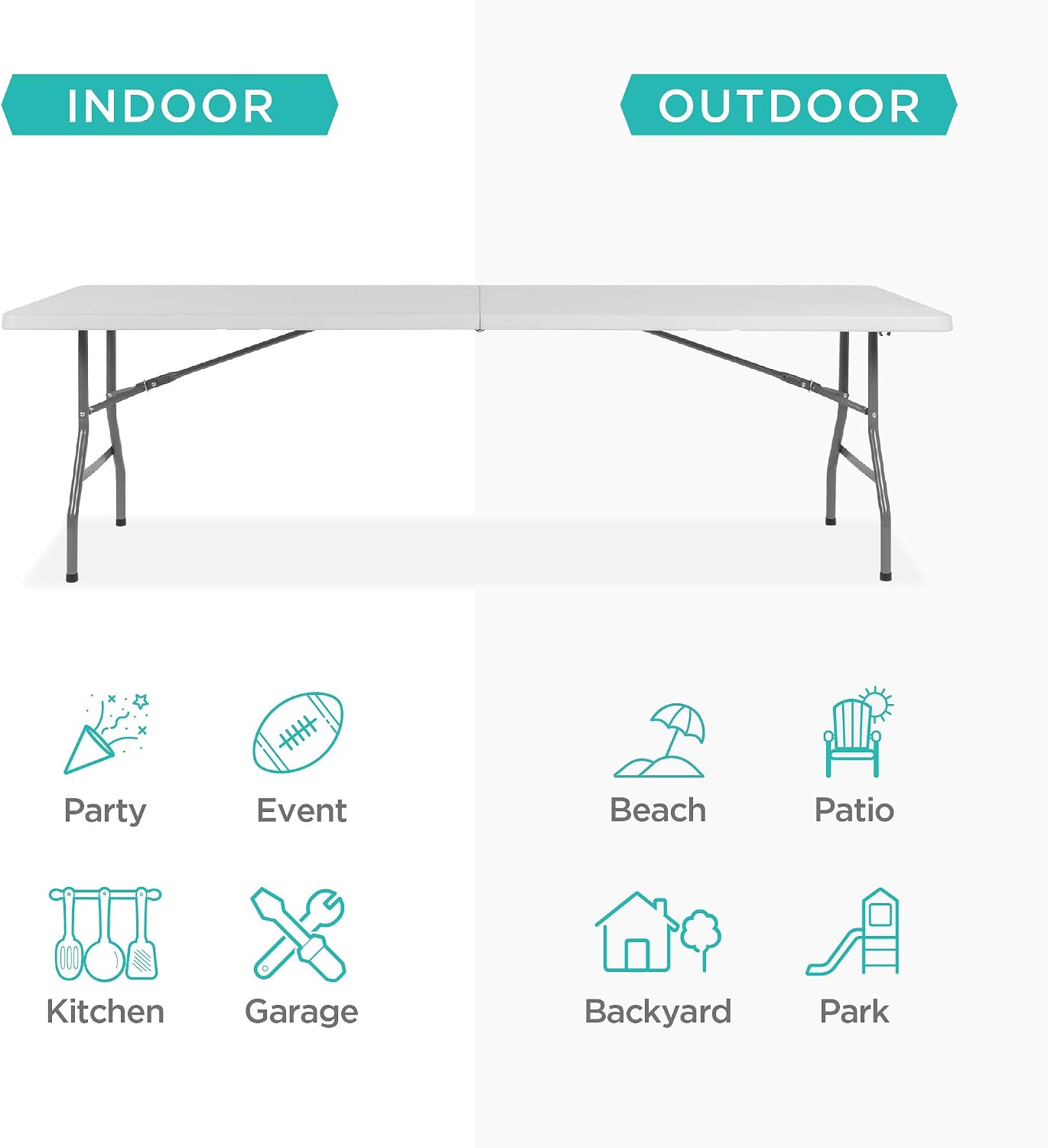 Best Choice Products 8ft Plastic Folding Table, Indoor Outdoor Heavy Duty Portable w/Handle, Lock for Picnic, Party, Pong, Camping - White