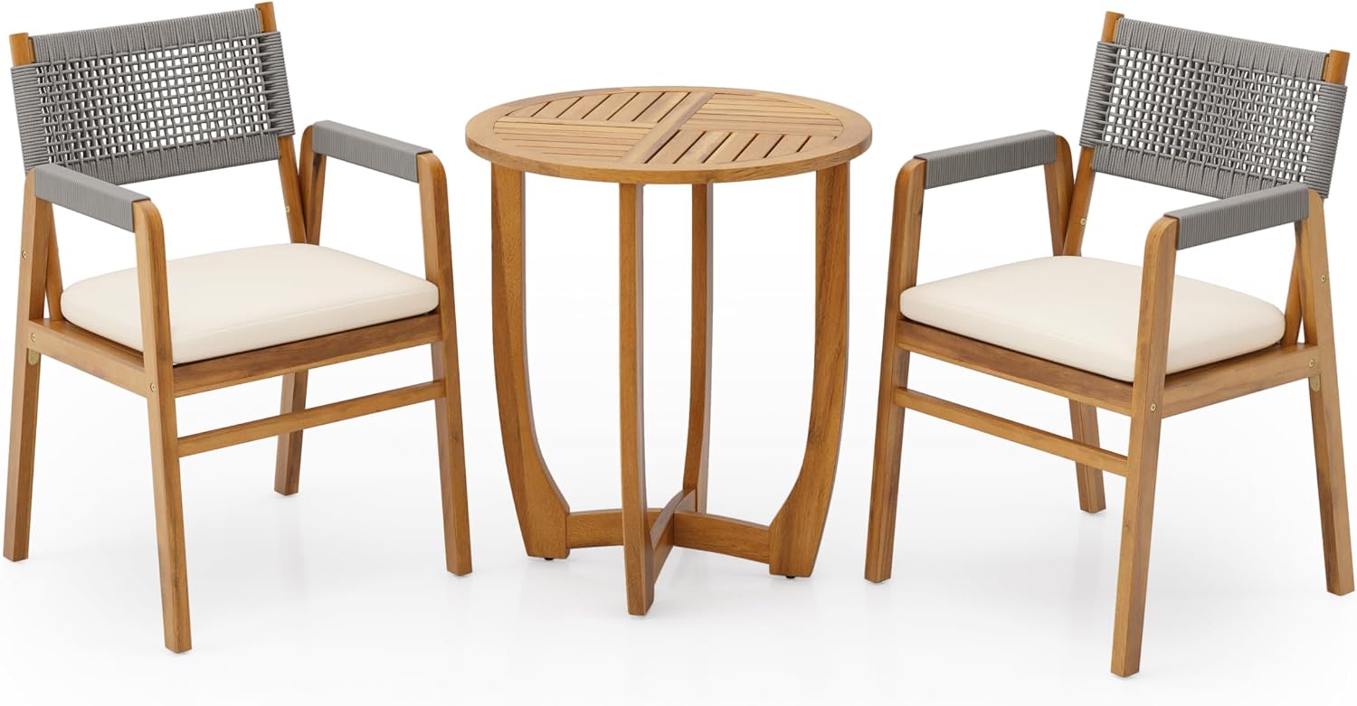 Christopher Knight Home Zed 3 Pieces Outdoor Dining Set, Acacia Wood Dining Chairs and Table, Slats Panel Design Round Table, Wooden Frame, 2 Seater Bistro Set for Balcony Backyard Garden, Teak+Grey