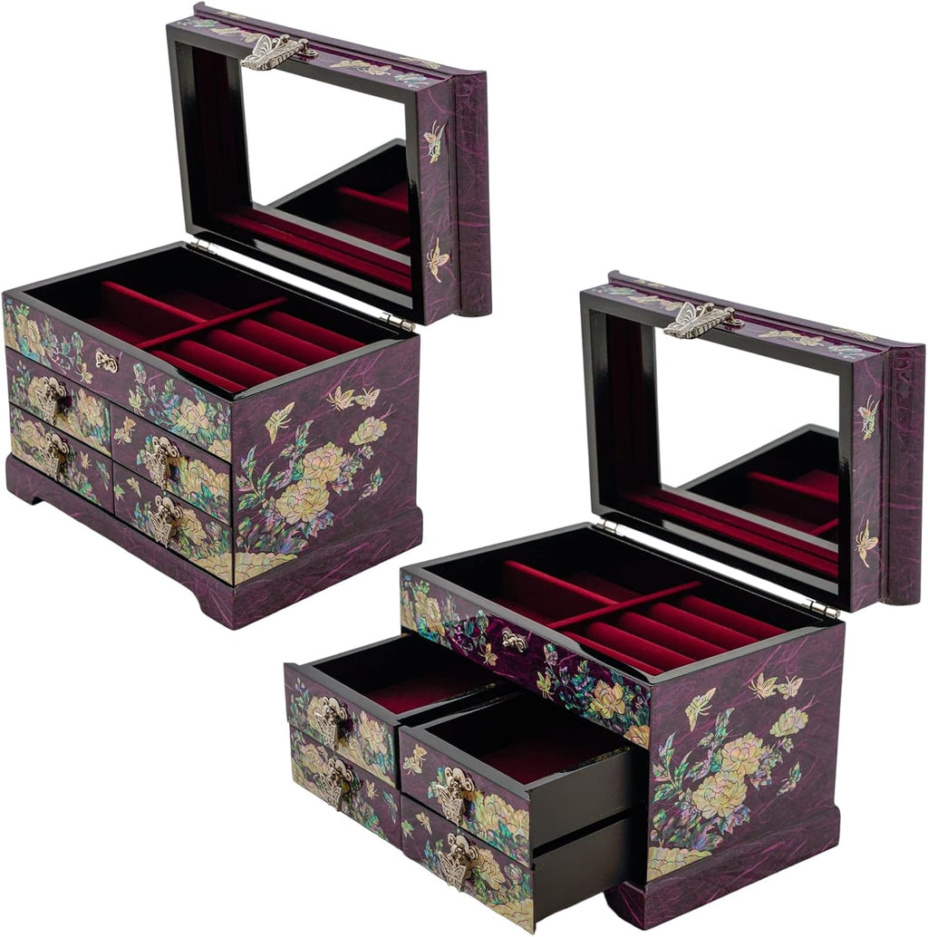 February Mountain Mother of Pearl Wooden Jewelry Organizer Box – Jewelry Storage Box for Women, Features Spacious Drawers, Ideal for Rings, Bracelets, Watches, Chains, Accessories (Peony_Purple)