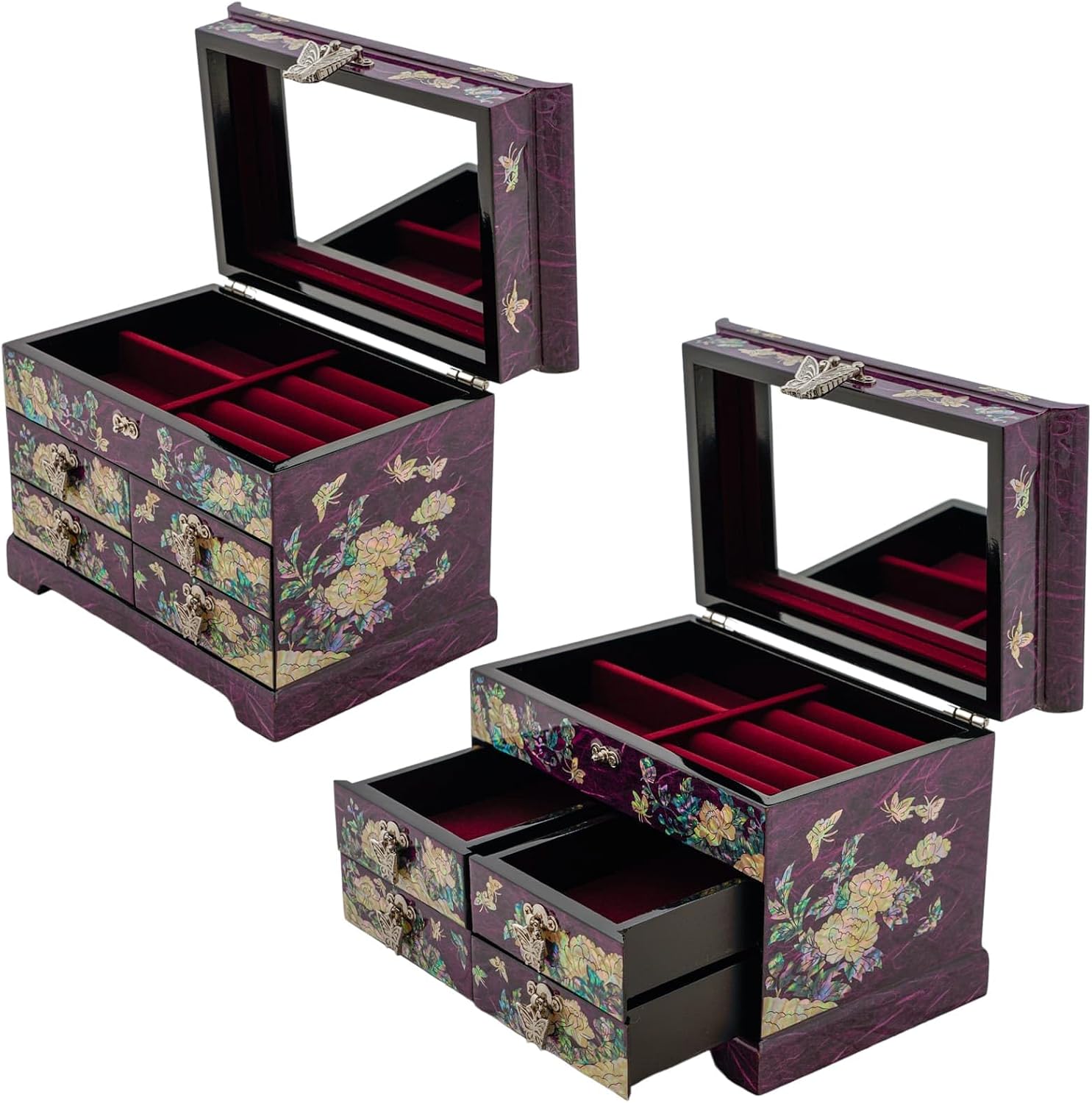February Mountain Mother of Pearl Wooden Jewelry Organizer Box – Jewelry Storage Box for Women, Features Spacious Drawers, Ideal for Rings, Bracelets, Watches, Chains, Accessories (Peony_Purple)