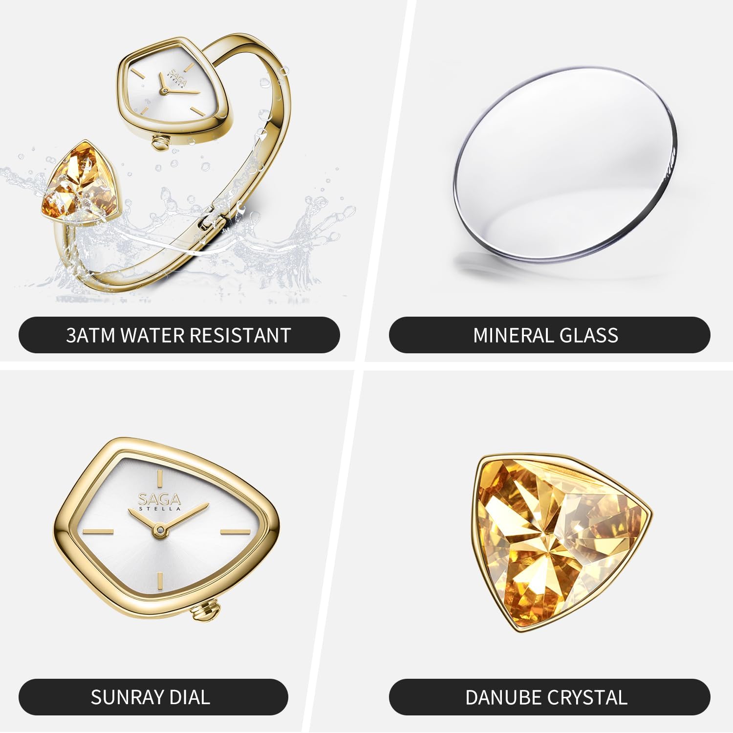 SAGA Phantom Luxury Cuff Watch – Softened Rhombus Case, Sunray Dial & Danube Crystals, Japanese Quartz, 30M Water Resistant – Elegant Gift (2 Sizes)
