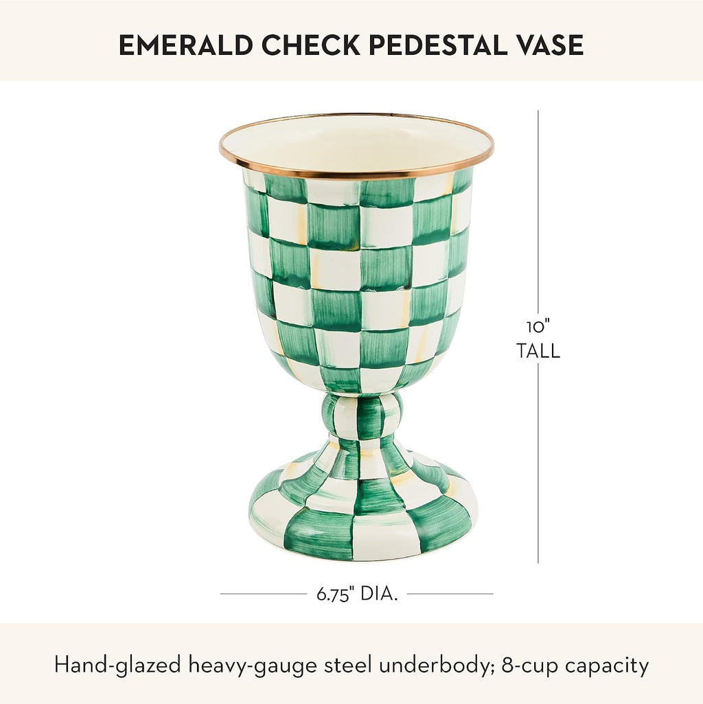 MACKENZIE-CHILDS Pedestal Vase, Decorative Centerpiece and Flower Holder, Green-and-White Emerald Check
