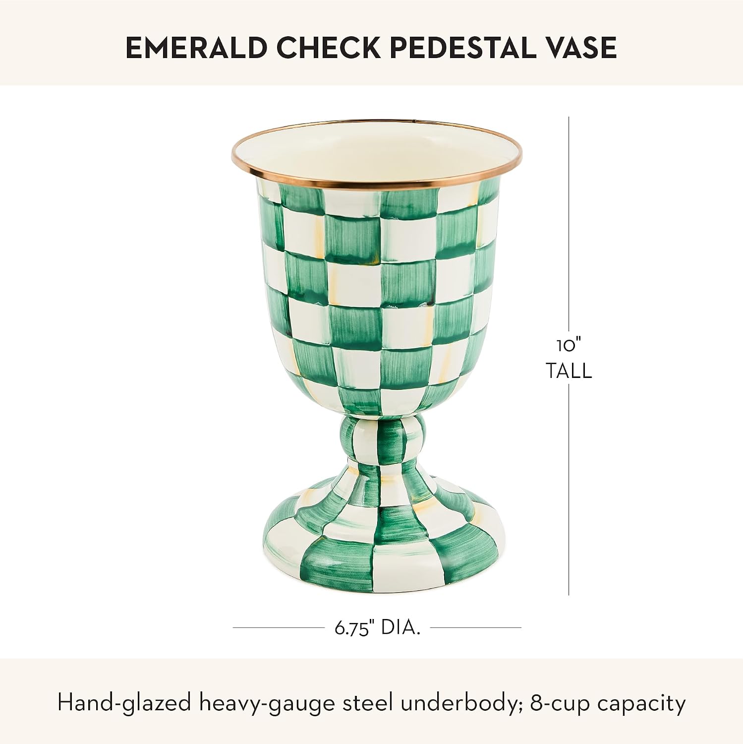 MACKENZIE-CHILDS Pedestal Vase, Decorative Centerpiece and Flower Holder, Green-and-White Emerald Check