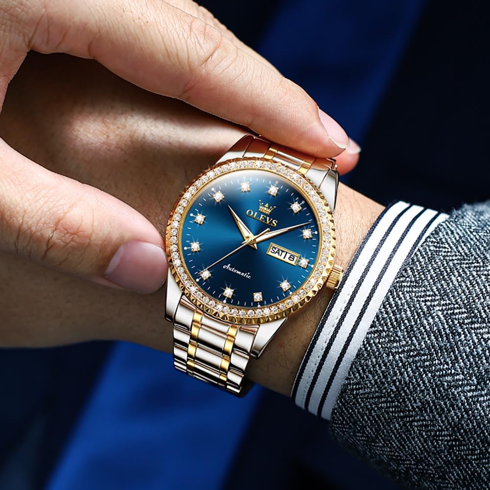 OLEVS Watches for Men Analog Quartz Luxury Diamond Waterproof Chronograph Stainless Steel Big Face Square Date Moon Phase Roman Numeral Dress Mens Watches