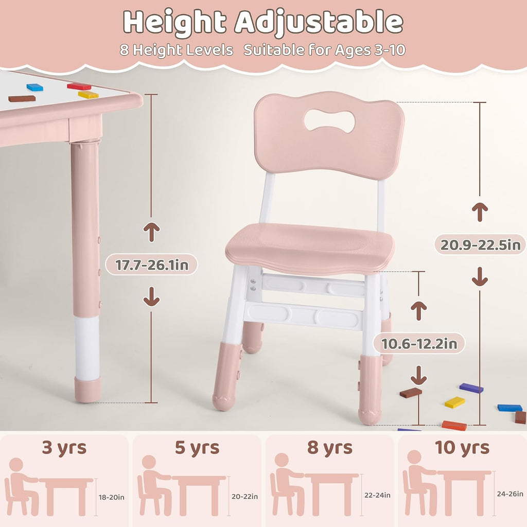 DOREROOM Kids Table and 4 Chairs Set, Height Adjustable (17.7'-26.1') Toddler Table and Chair Set, Multi-Activity Table with Graffiti Desktop, Children's Table and Chairs for Classroom, Home & Daycare