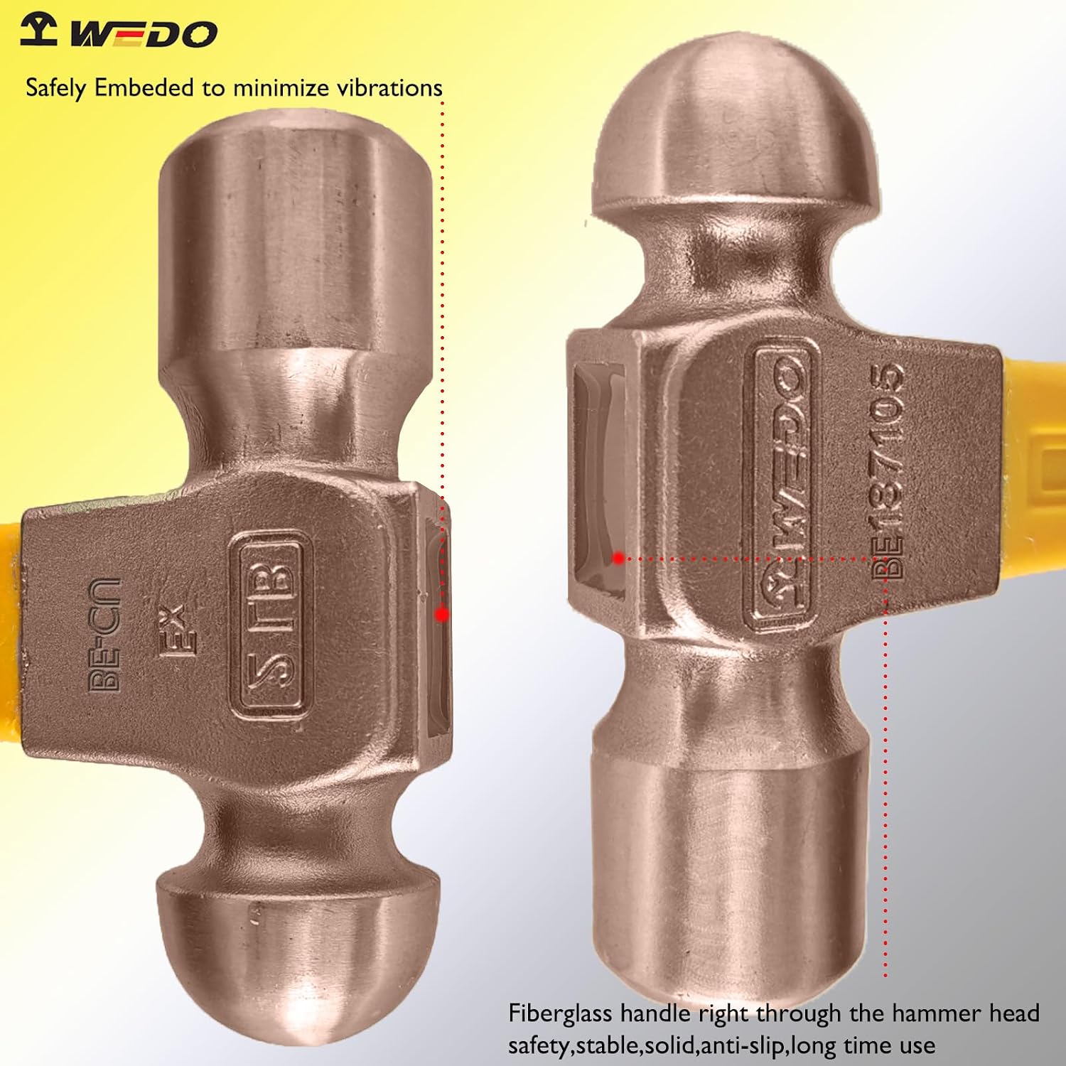 WEDO 24oz(680g) Ball Peen Hammer,Ball Pein Hammer with Fiberglass Handle,Length 365mm(14'),Beryllium Copper,Non-magnetic,Die-Forged, Corrosion Resistant, DIN Standard