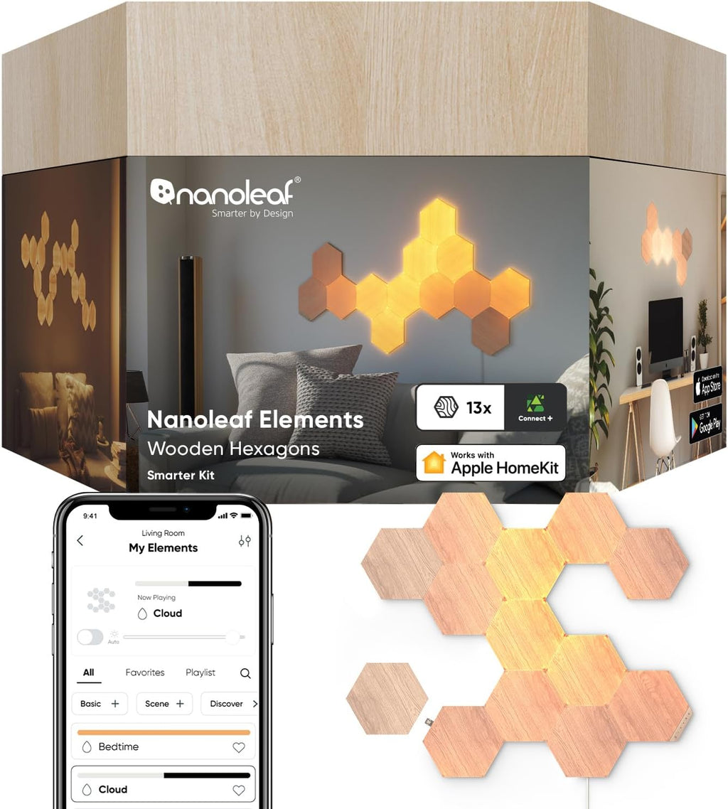 Nanoleaf Elements Wood Look Smart Wall Lights, Hexagon LED Wall Lights Compatible with Alexa Google Assistant, Home Wall Decor for Living Room with Music Sync, Touch Control, Ambient Lighting, 13 PK