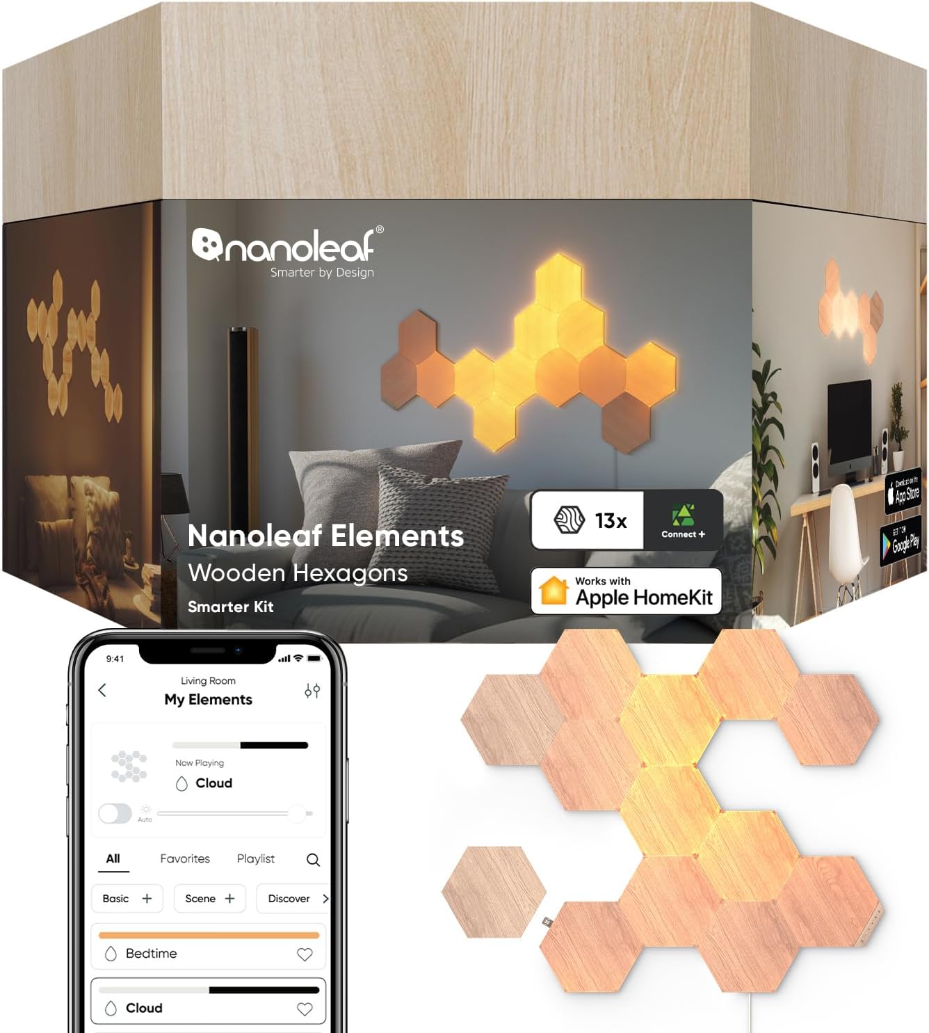 Nanoleaf Elements Wood Look Smart Wall Lights, Hexagon LED Wall Lights Compatible with Alexa Google Assistant, Home Wall Decor for Living Room with Music Sync, Touch Control, Ambient Lighting, 13 PK
