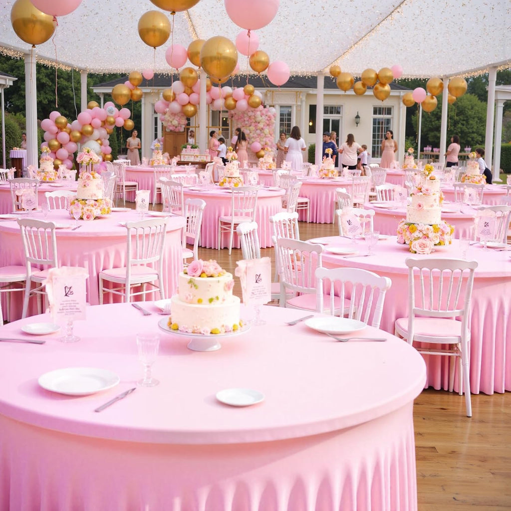 Outpain 8 Pack Pink 72inch Spandex Round Tablecloths, Stretchy 132inch Fitted 6FT Round Table Cloths, Wrinkle Free Table Cover with Skirt for Wedding Party Dining Banquet