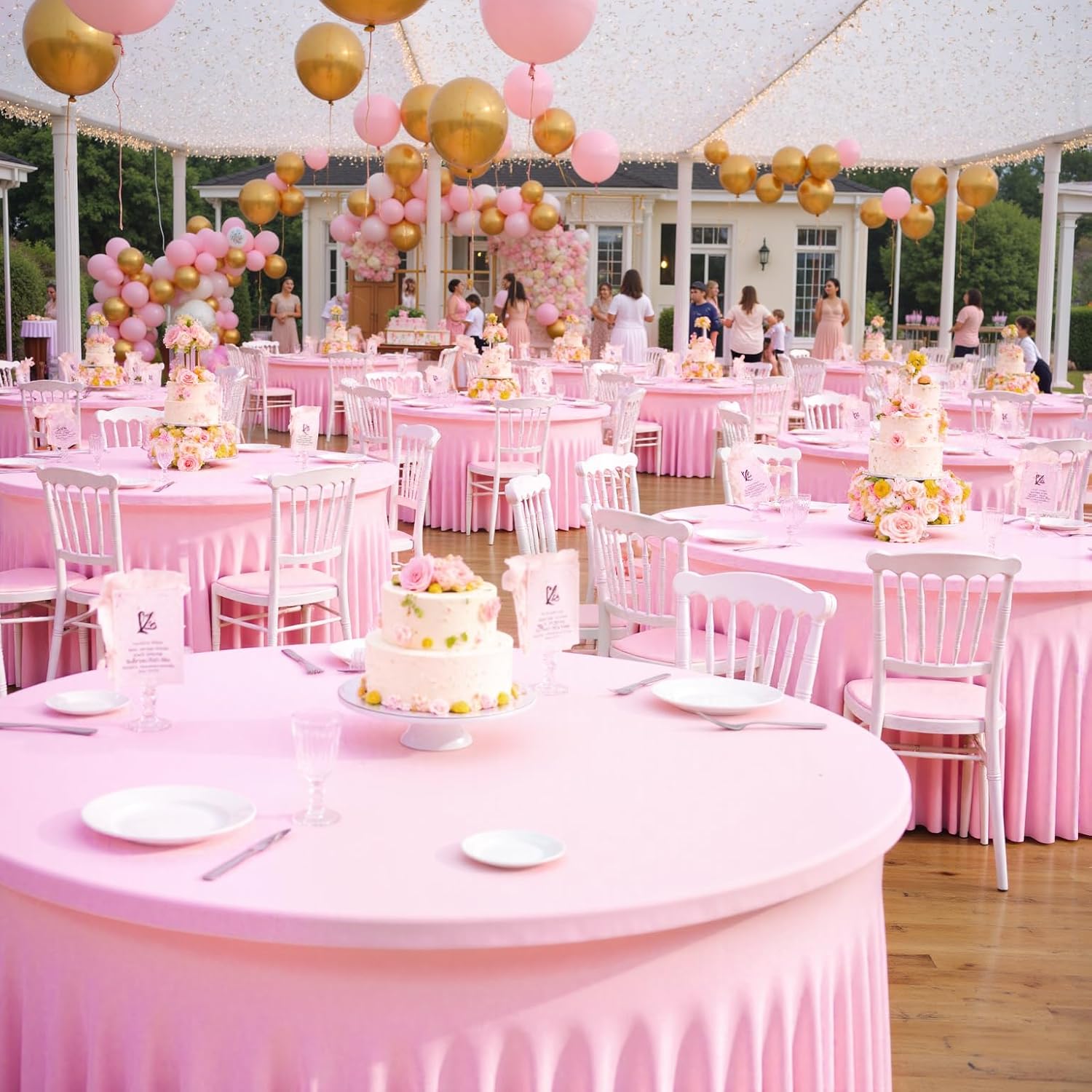 Outpain 8 Pack Pink 72inch Spandex Round Tablecloths, Stretchy 132inch Fitted 6FT Round Table Cloths, Wrinkle Free Table Cover with Skirt for Wedding Party Dining Banquet