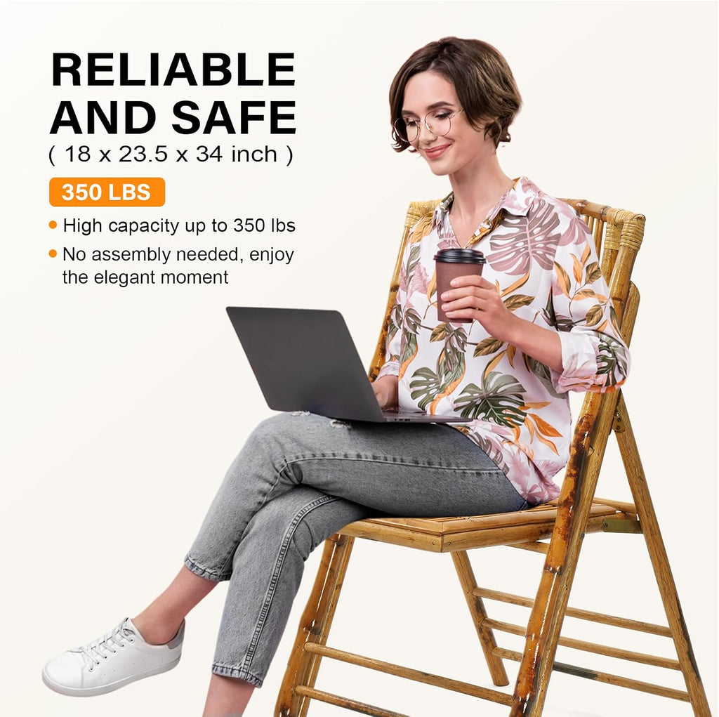 VINGLI Bamboo Folding Chair, Foldable Dining Wood Chairs Comfortable Seat for Outdoor & Indoor, Patio, Porch, Wedding, Party, Event,Brown (2 Pack)