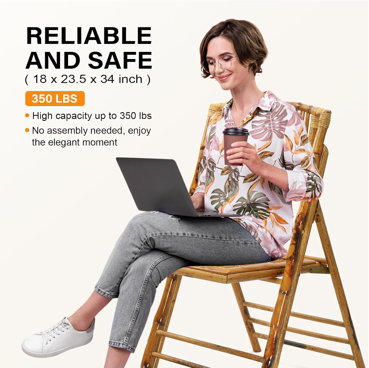 VINGLI Bamboo Folding Chair, Foldable Dining Wood Chairs Comfortable Seat for Outdoor & Indoor, Patio, Porch, Wedding, Party, Event,Brown (2 Pack)