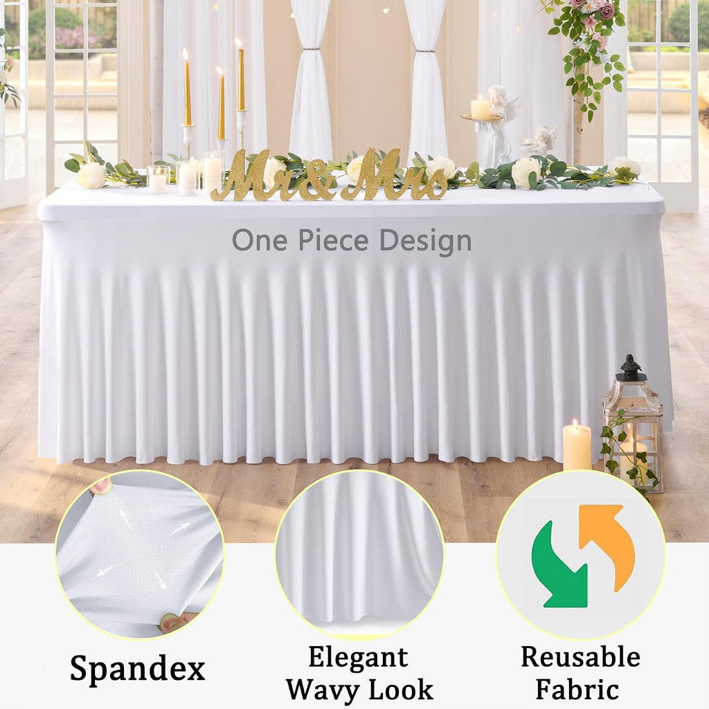 6 Pack Spandex White Tablesloths for 8 Foot Rectangle Tables, Stretchy Table Cloths 8ft Fitted Table Cover Desk Skirt for Parties Weddings Birthday Banquet Baby Shower