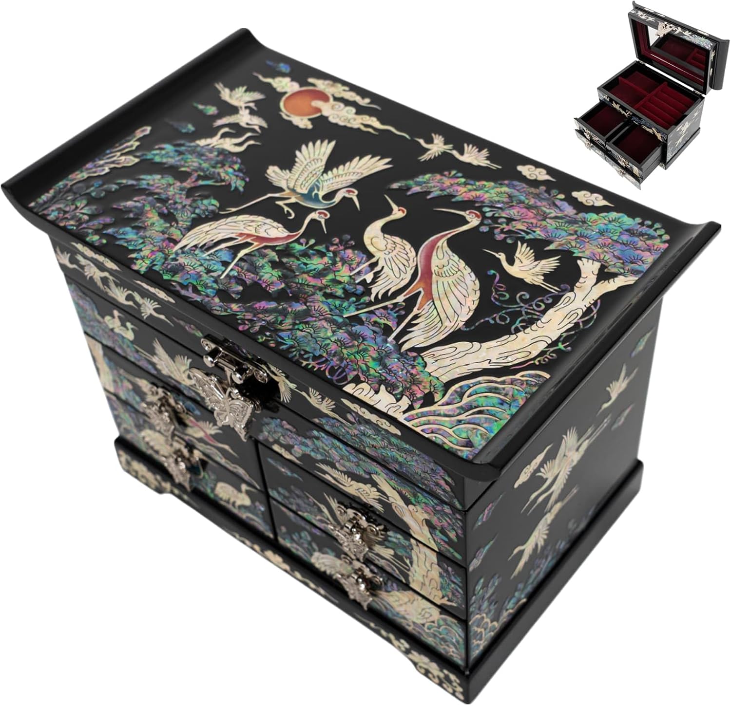 February Mountain Mother of Pearl Wooden Jewelry Organizer Box – Jewelry Storage Box for Women, Features Spacious Drawers, Ideal for Rings, Bracelets, Watches, Chains, Accessories (Colorful Crane)