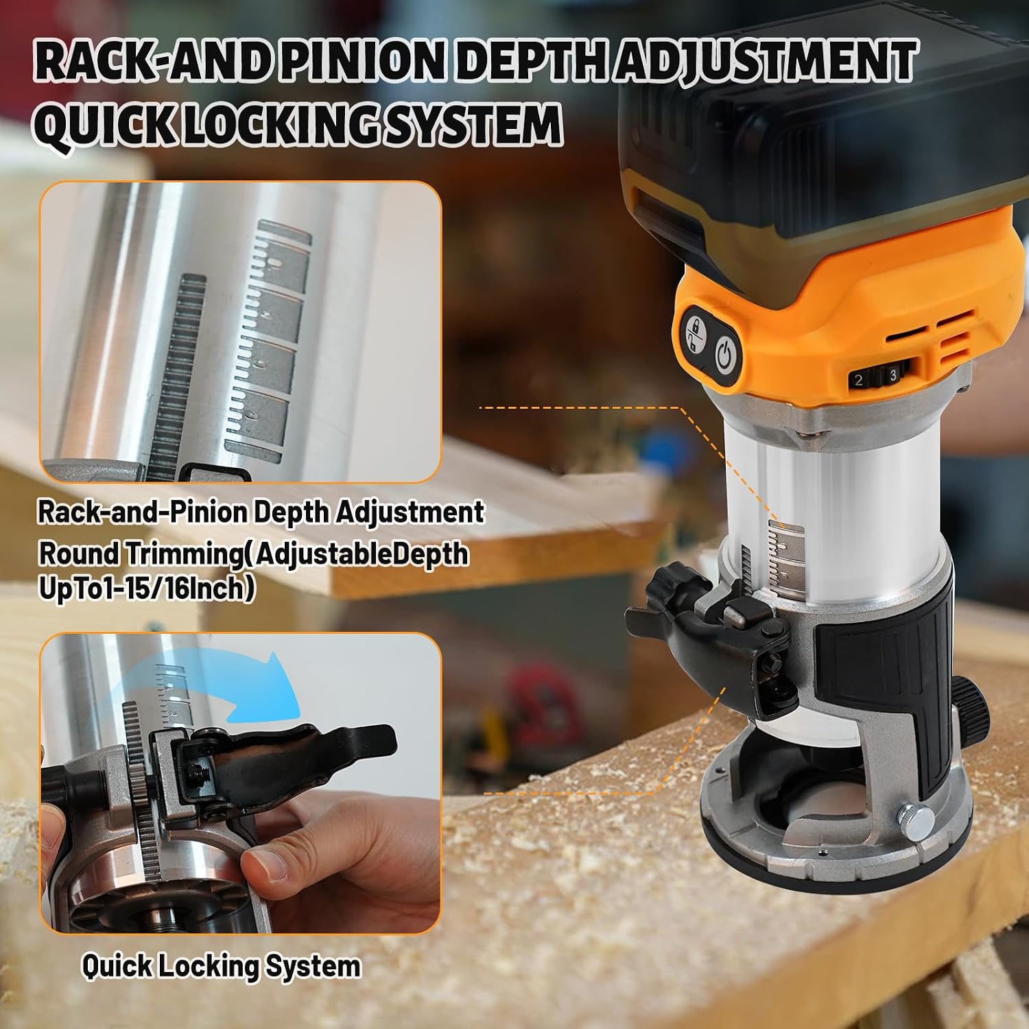 Cordless Power Router for DeWalt 20V Battery (Bare Tool), Brushless Trim Router with 15PCS 1/4' Bits, 6 Variable Speeds Router Tool for Woodworking, 800W 10000-30000min/r