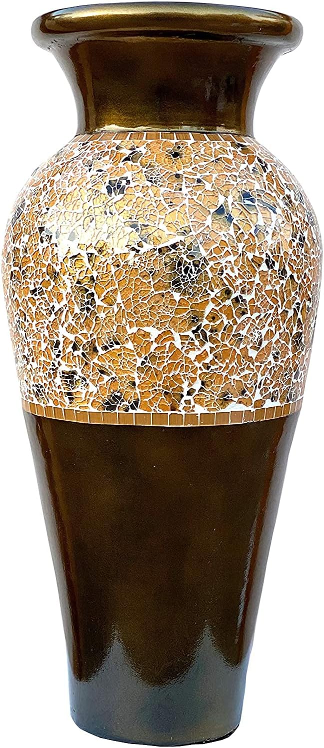 Floor Vase, 18 Inch Mosaic Vase – Tall Cylinder Made of Brass with Dandelion and White Glass Mosaic Pieces – Handcrafted Decorative Home Décor Accent Piece for Bedroom, Living Room, Office