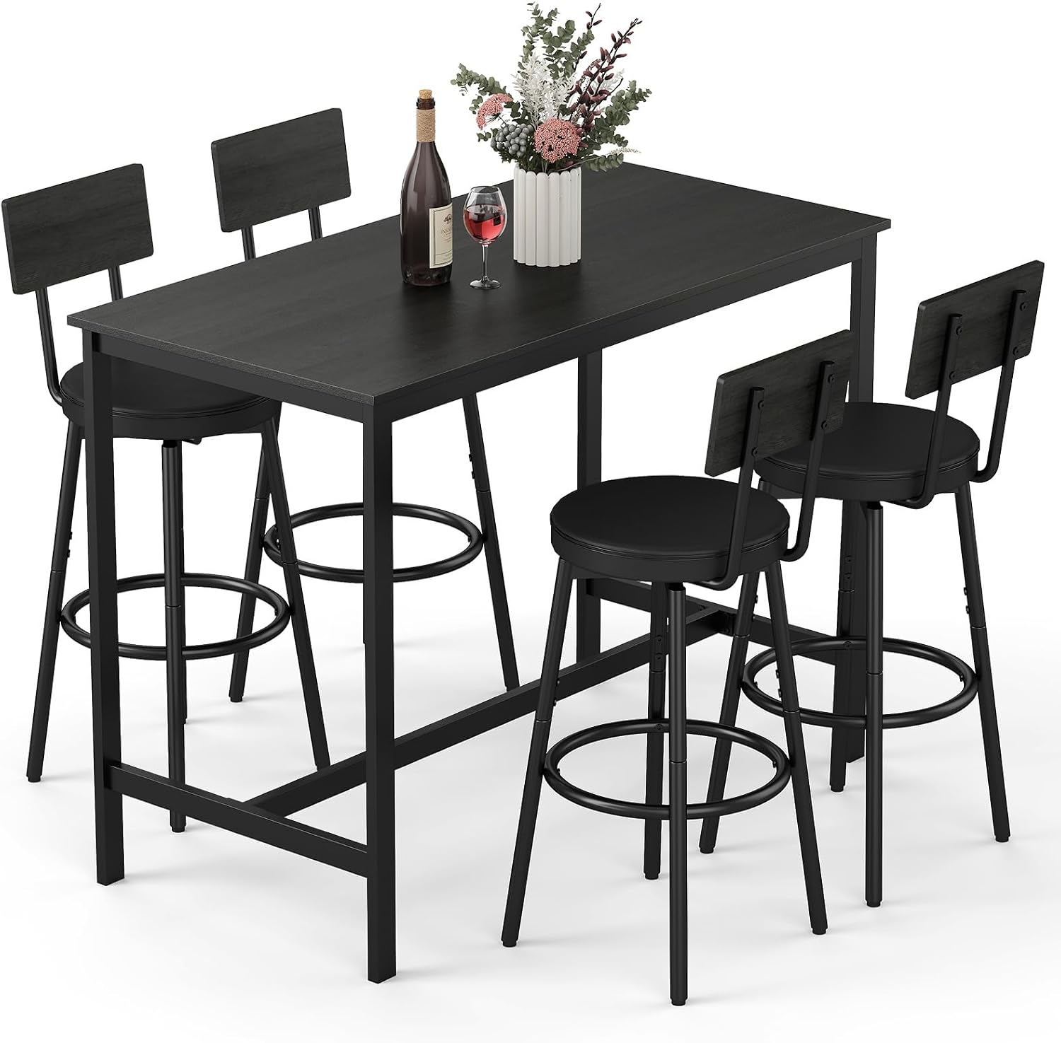 Zevemomo Dining Table Set for 4, 5-Piece Bar Table Set, Kitchen Table and Chairs, Counter Height High Top Table with 4 PU Upholstered Stools, Space-Saving Pub Tables Set for Small Space, Black