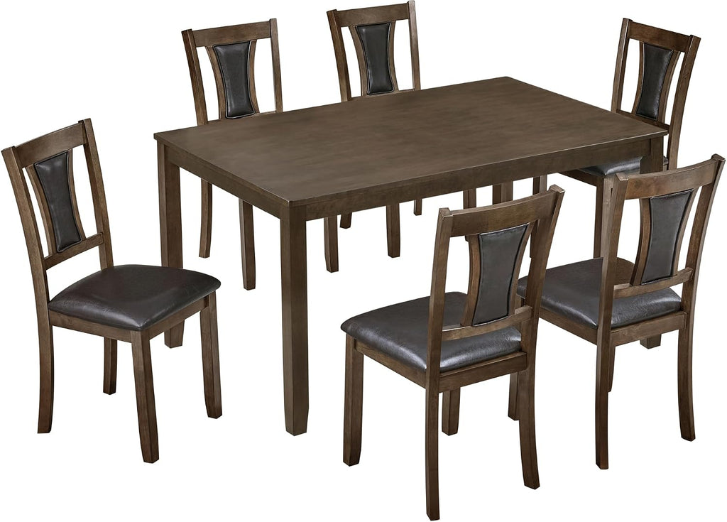 LUMISOL 7-Piece Modern Dining Table Set with Upholstered Chairs of 6, Wooden Rectangular Table for 6-8 People, Farmhouse Kitchen Set for Restaurant, Walnut