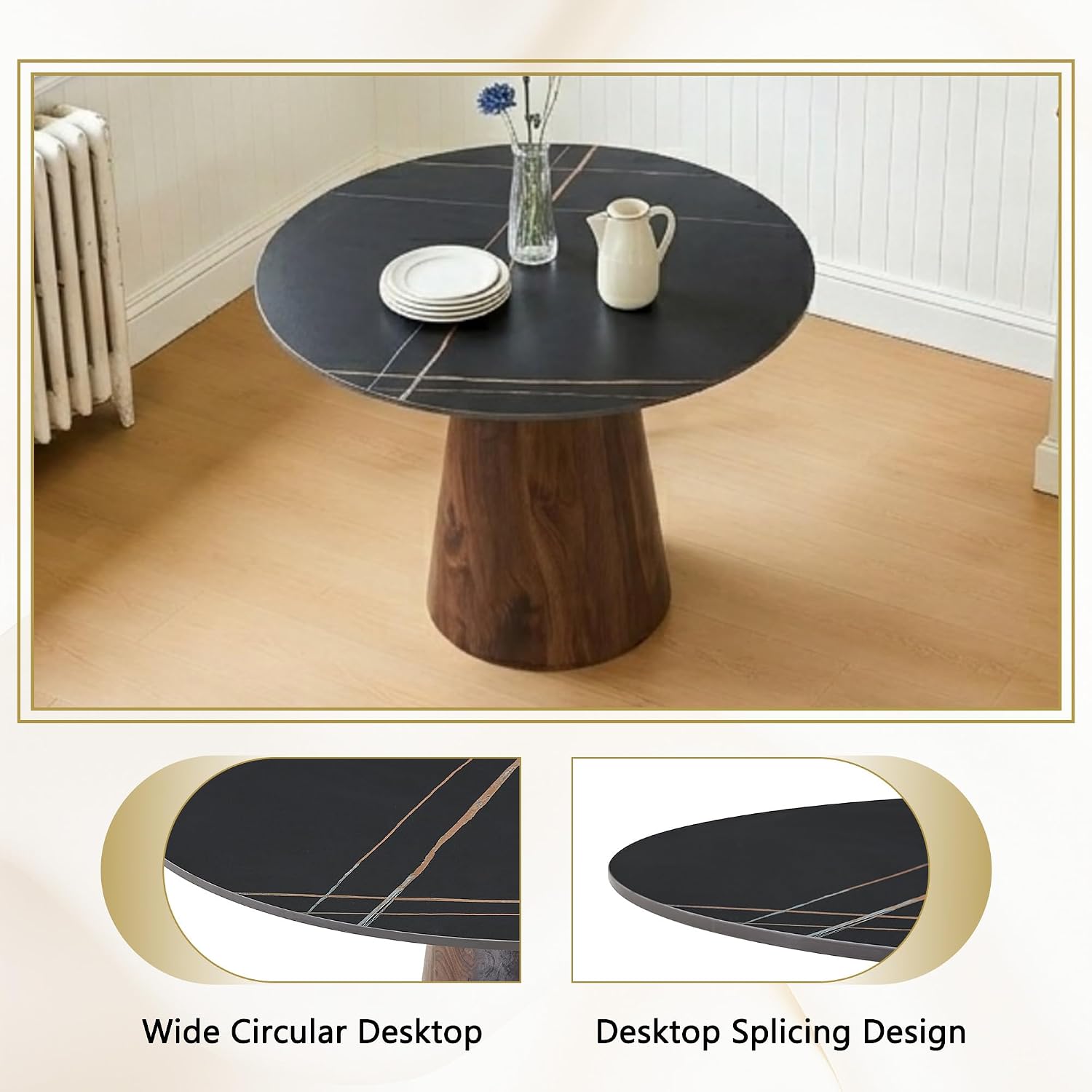 Faux Marble Round Dining Table for 4/5/6, 42' Modern Round Kitchen Table with Black Sintered Stone Top and Walnut Stable Pedestal for Apartment,Restaurant,Small Space