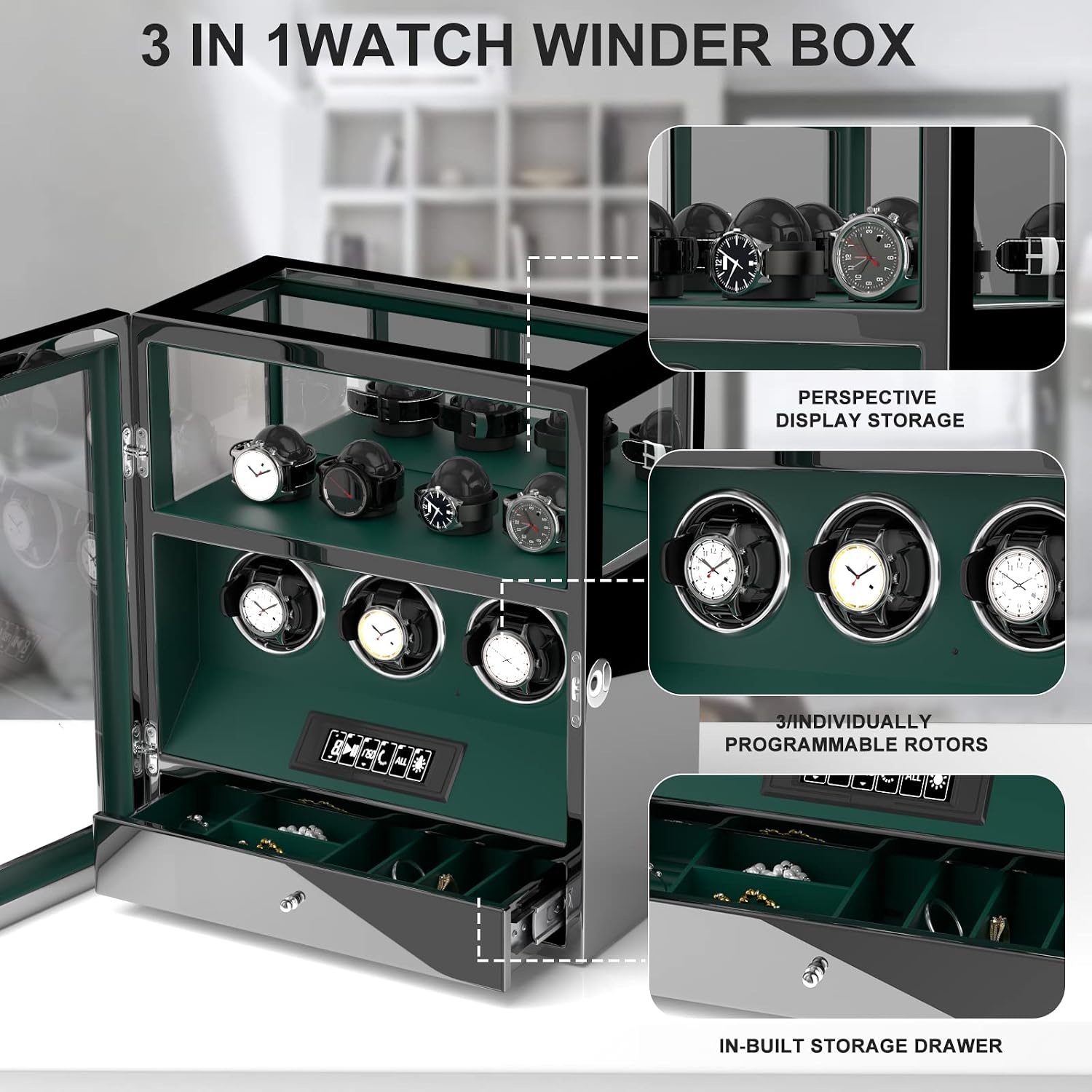 DUKWIN Watch Winder, Fingerprint Lock Automatic Watch Winder for 3/6/9 Watches with 4 Holders,300-2300 TPD,Digital Display, Remote Control,Jewelry Storage and Adjustable Watch Pillow and LED Light