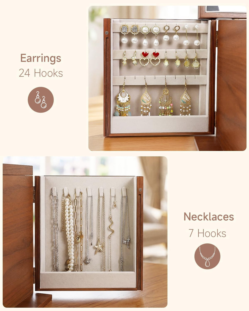 Black Walnut Wooden Jewelry Box Wood Jewelry Organizer with 2 Side Doors Mirror Lockable Classical Style for Watch Necklace Ring Earring Storage, Ideal Gift-5 Layer