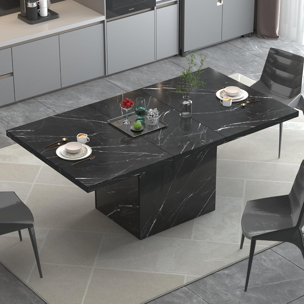 HSH Black Faux Marble Dining Table, 63 inch Modern Dinner Table for 6 Person, Farmhouse Rectanglur Kitchen Table for Living Room, Long Wood Dining Room Tables with strong Pedestal, Black Marble, 63 In