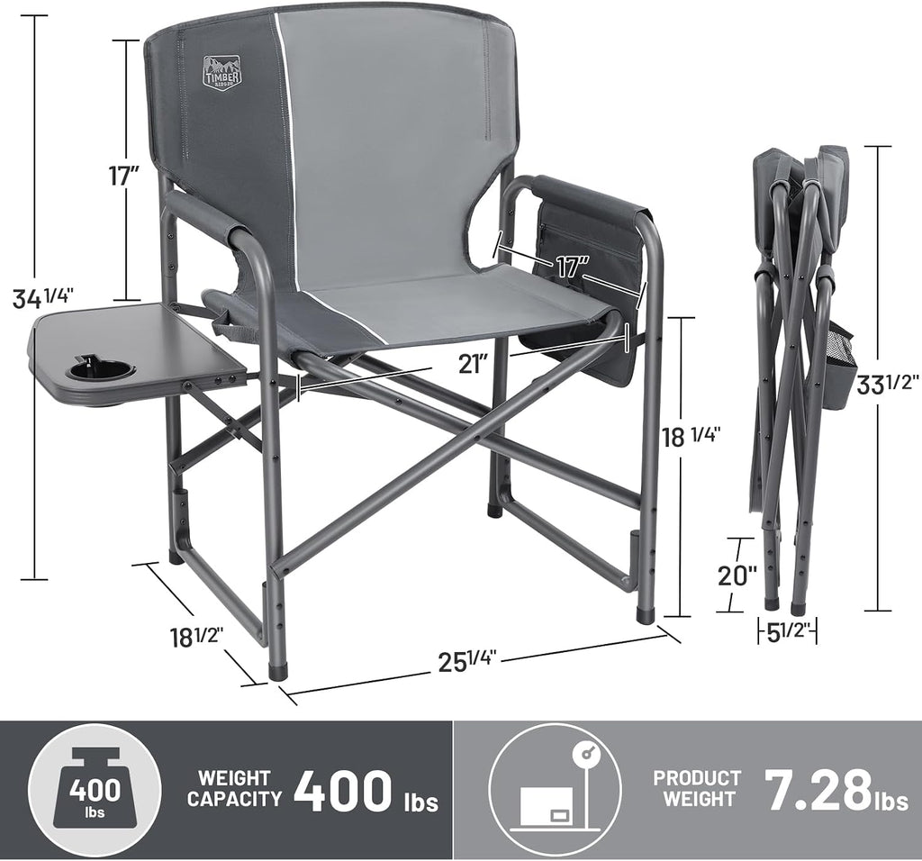 TIMBER RIDGE Aluminum Oversized Camping Chair, Lightweight Portable Directors Chair with Side Table Detachable Side Pocket for Outdoor Camping, Lawn, Picnic, Support 400lbs Grey 2 Pack