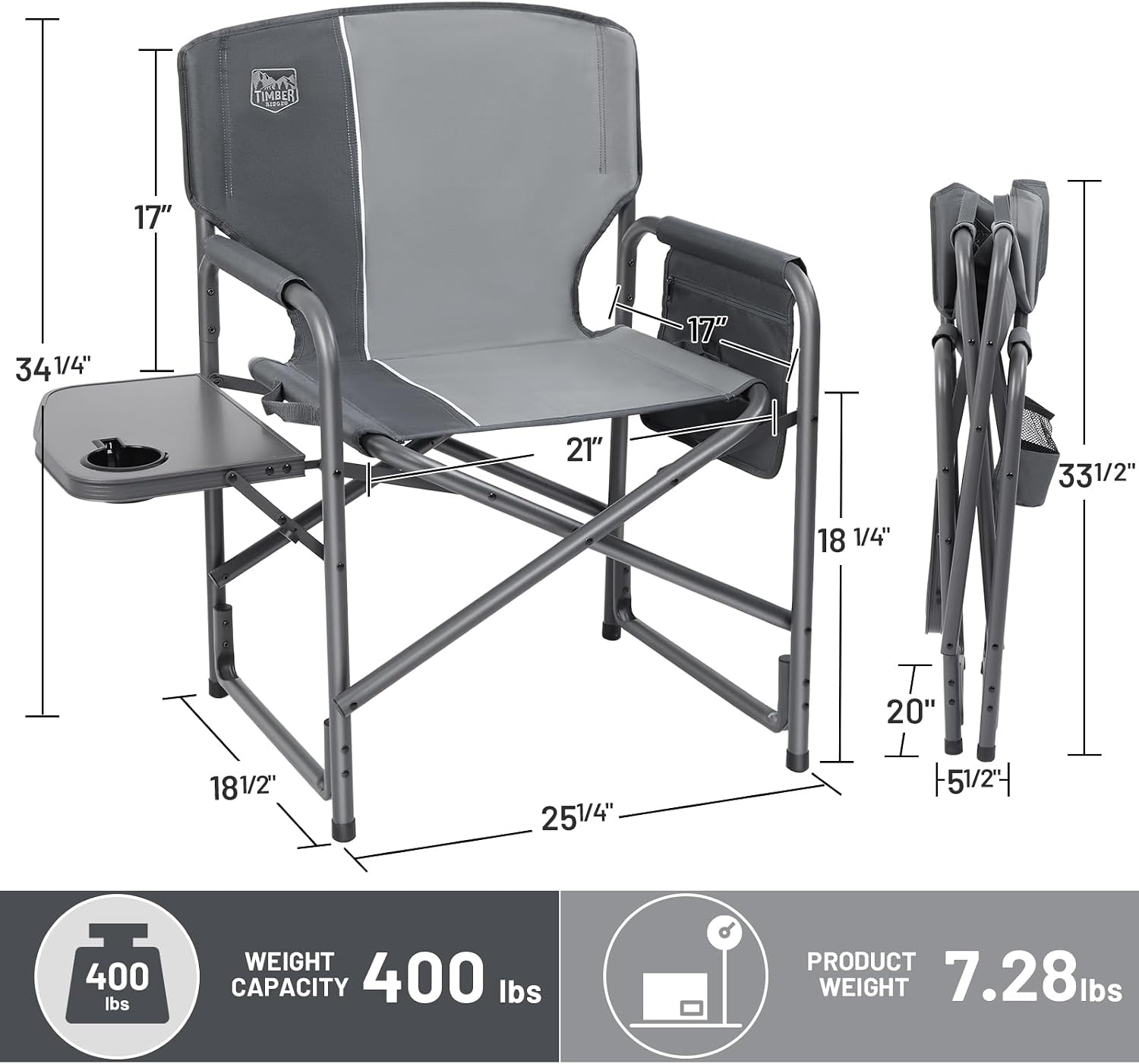 TIMBER RIDGE Aluminum Oversized Camping Chair, Lightweight Portable Directors Chair with Side Table Detachable Side Pocket for Outdoor Camping, Lawn, Picnic, Support 400lbs Grey 2 Pack