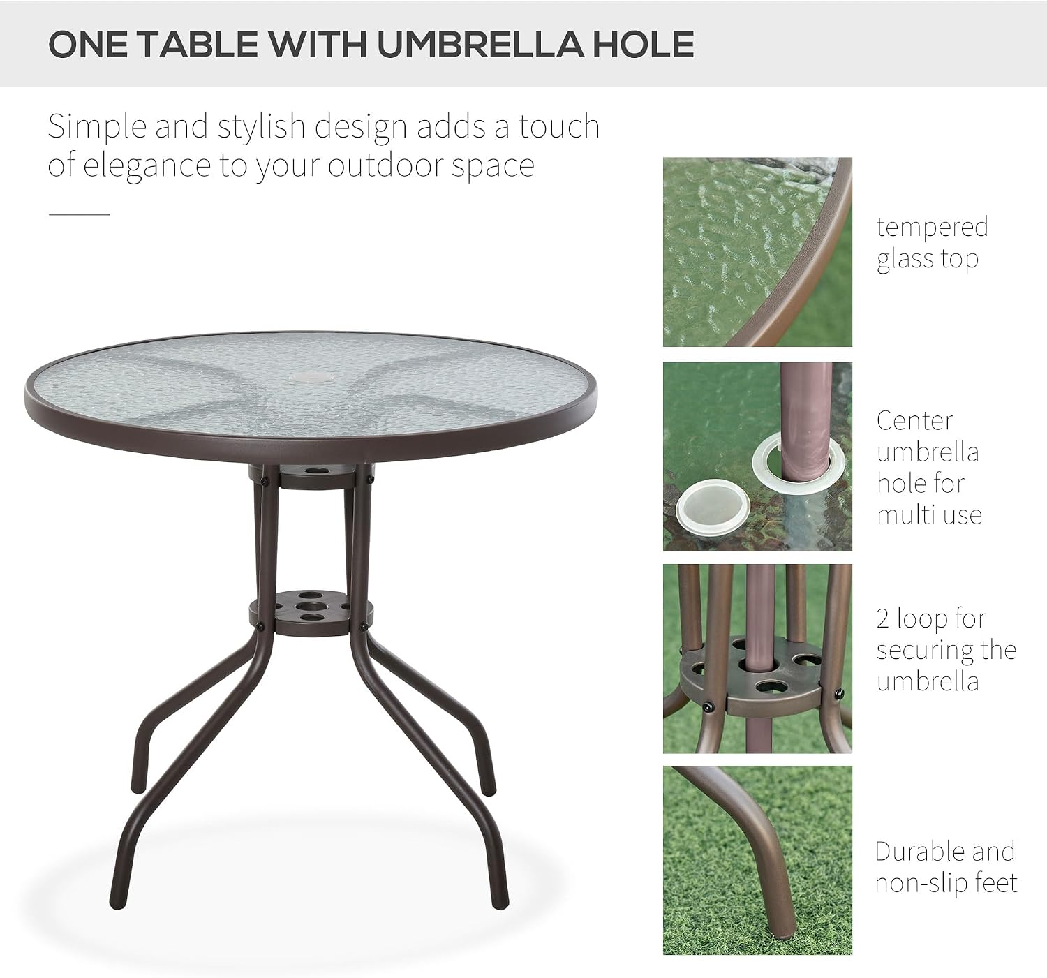 Outsunny 6 Piece Patio Dining Set for 4 with Umbrella, Outdoor Table and Chairs with 4 Folding Dining Chairs & Round Glass Table for Garden, Backyard and Poolside, Beige