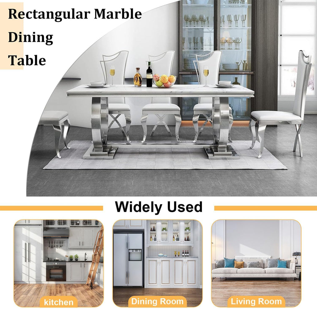 68' White Marble Dining Table for 6-8, Mid Century Modern Dining Table with Faux Marble Top & Silver O Shape Stainless Steel Base,Large Luxury Rectangular Dinner Table for Kitchen Dining Room