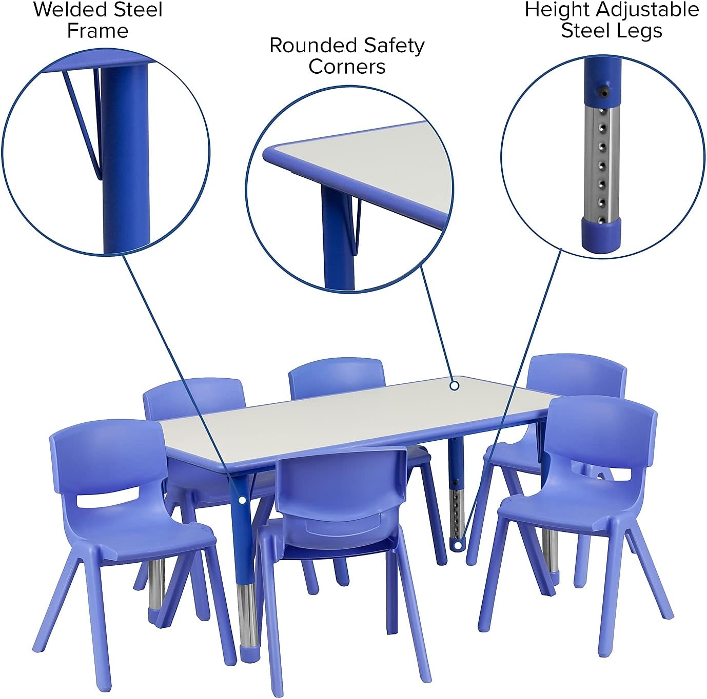 Flash Furniture Emmy Adjustable Classroom Activity Table with 6 Stackable Chairs, Plastic Activity Table for Kids, 23.625' W x 47.25' L, Blue/Gray
