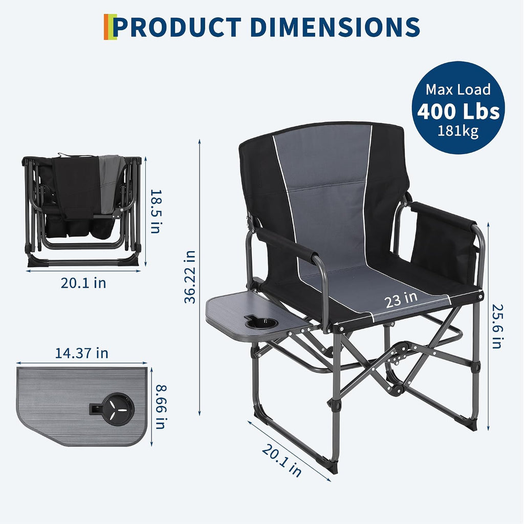 Garvee Oversized Directors Chair, Portable Folding Camping Chair for Adults Support 400 lbs, Heavy Duty Lawn Chair with Side Table, for Camping, Sports, Picnic, Beach, Fishing (Black, 2 PC)