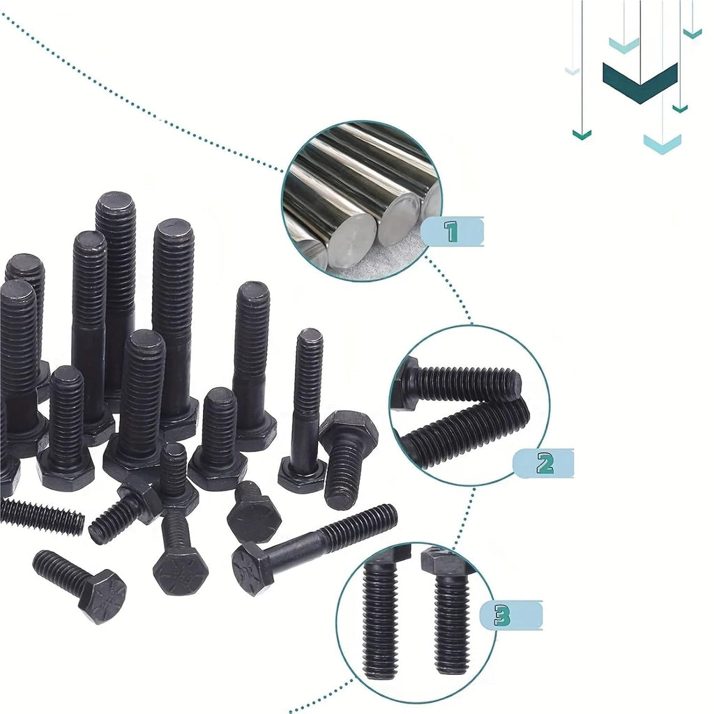 Bolt and Nut Set 240Pcs Grade 8 Hex Black Flat Screws with Nuts Washers Assortment Kit for Equipment Repair