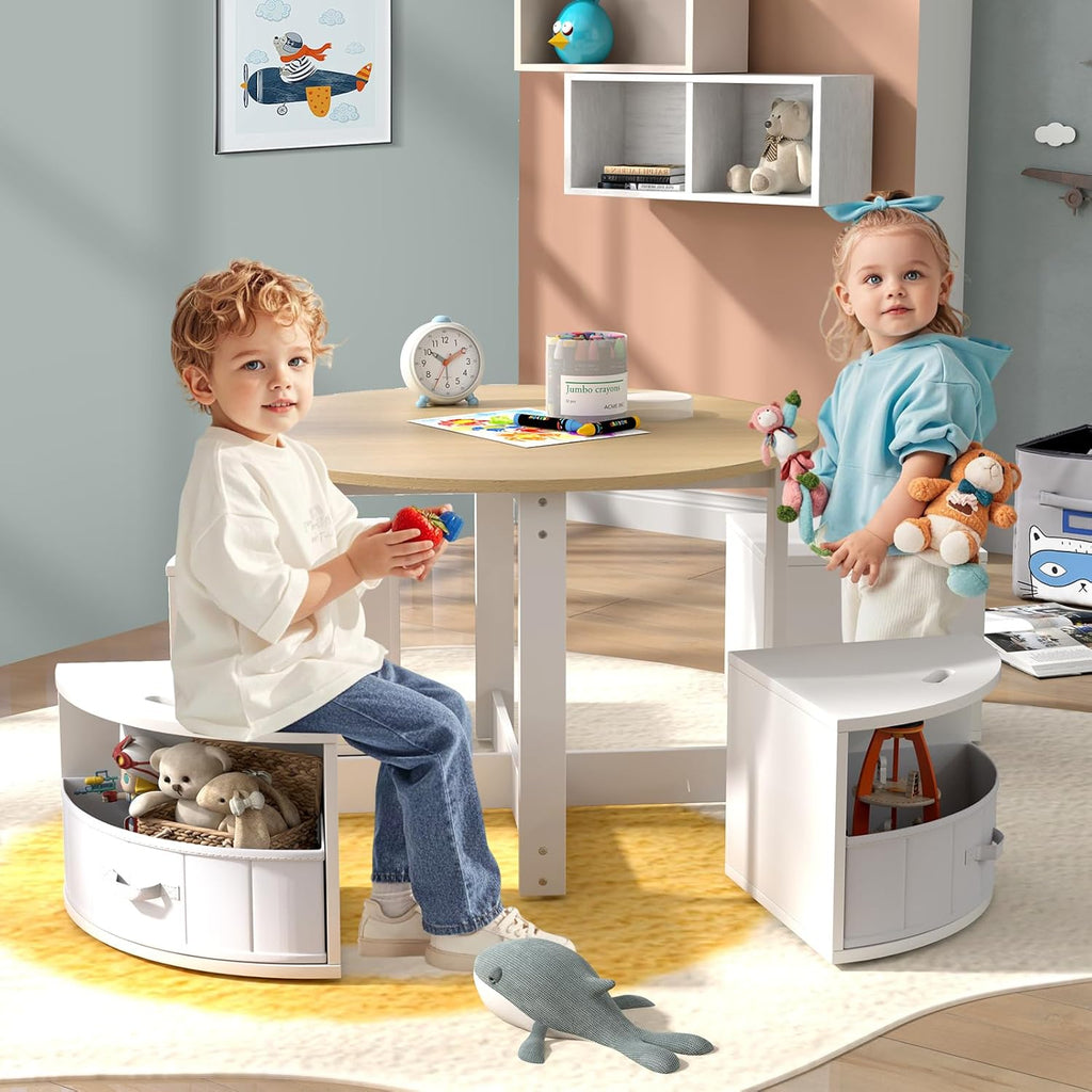 Costzon Kids Table and Chairs, 5 Pieces Wooden Round Children Nesting Desk with 4 Storage Stools & 4 Fabric Drawers for Activity, Play, Art, Read, Craft, Eat, Toddler Table and Chair Set (Beige)