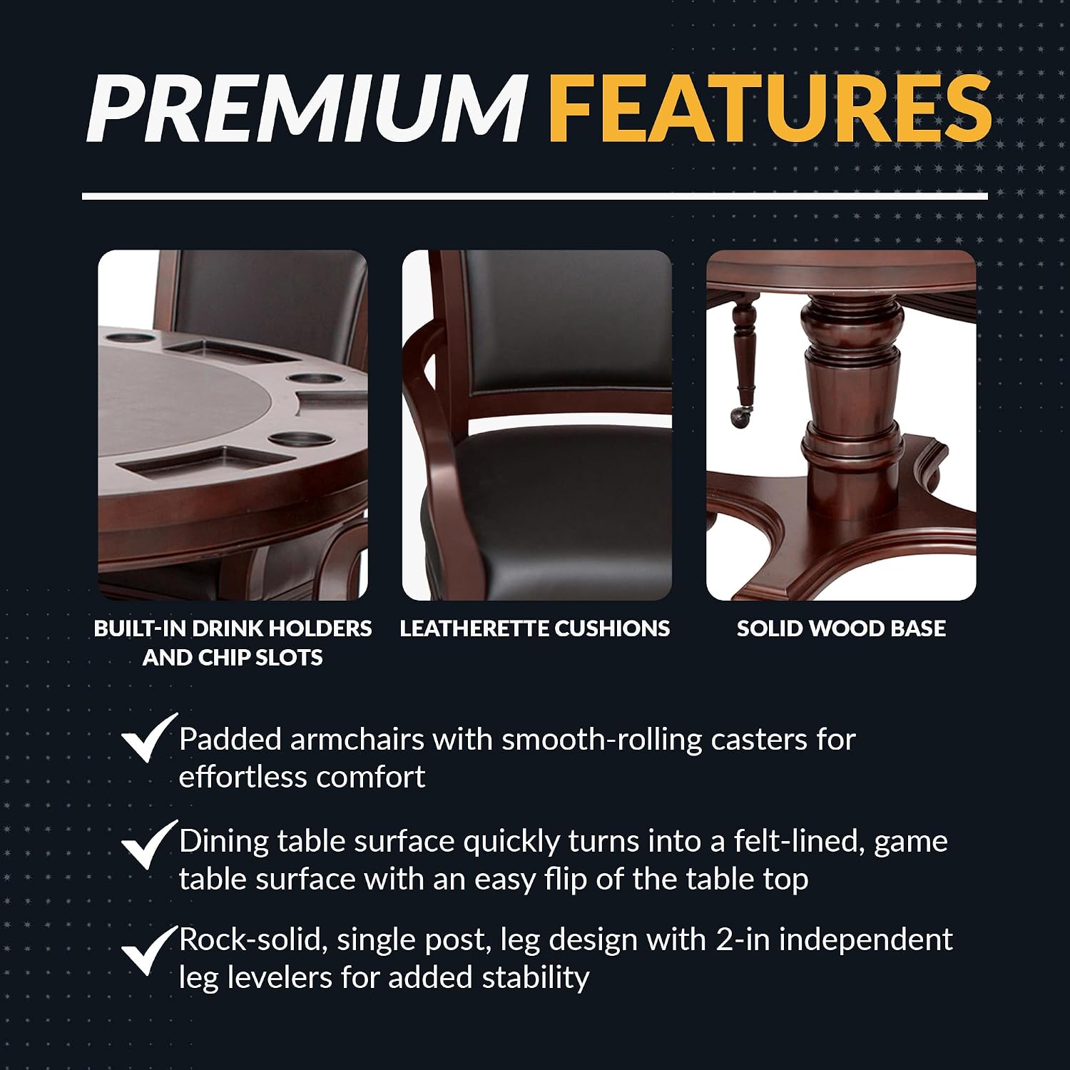 Hathaway Bridgeport 2 in 1 Round Poker Table and Chairs Set for Dining & Game Rooms – Furniture Grade Hardwood, Sturdy Pedestal Legs, Drink Holders, Chip Slots – Includes 4 Poker Table Chairs - Walnut