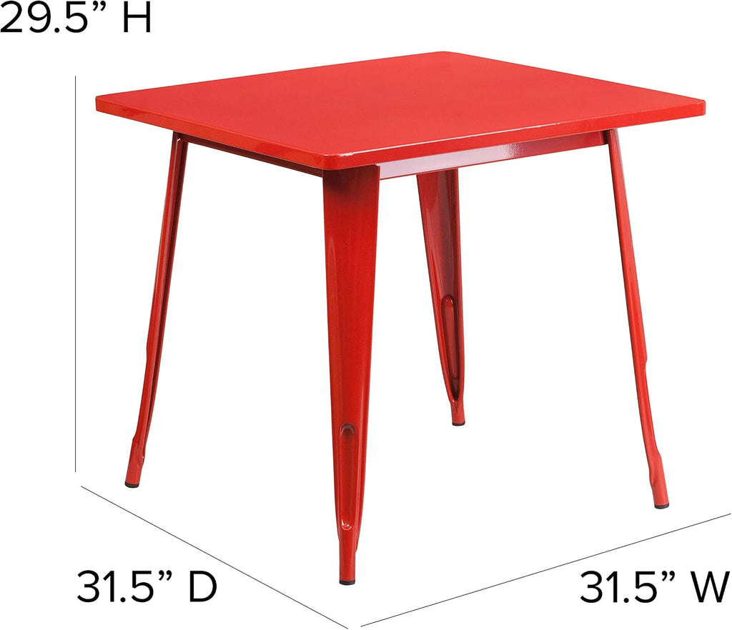 EMMA + OLIVER Commercial Grade 31.5' Square Red Metal Indoor-Outdoor Table Set-4 Stack Chairs