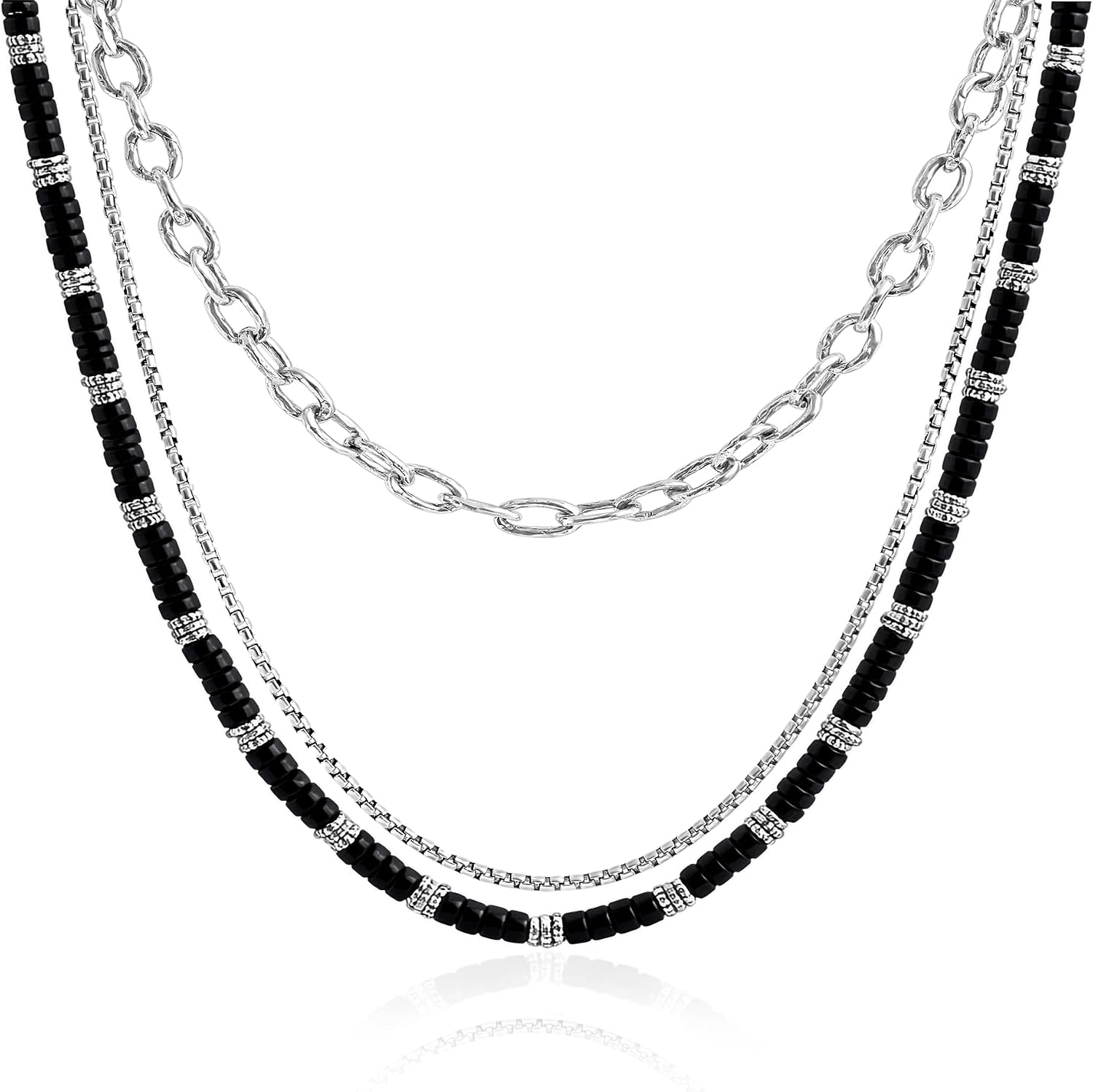 JEAN RACHEL JEWELRY Men's 3-Piece Necklace Layering Set - Hammered Link Chain, Sleek Box Chain & Black Onyx Beads - Midnight Bundle