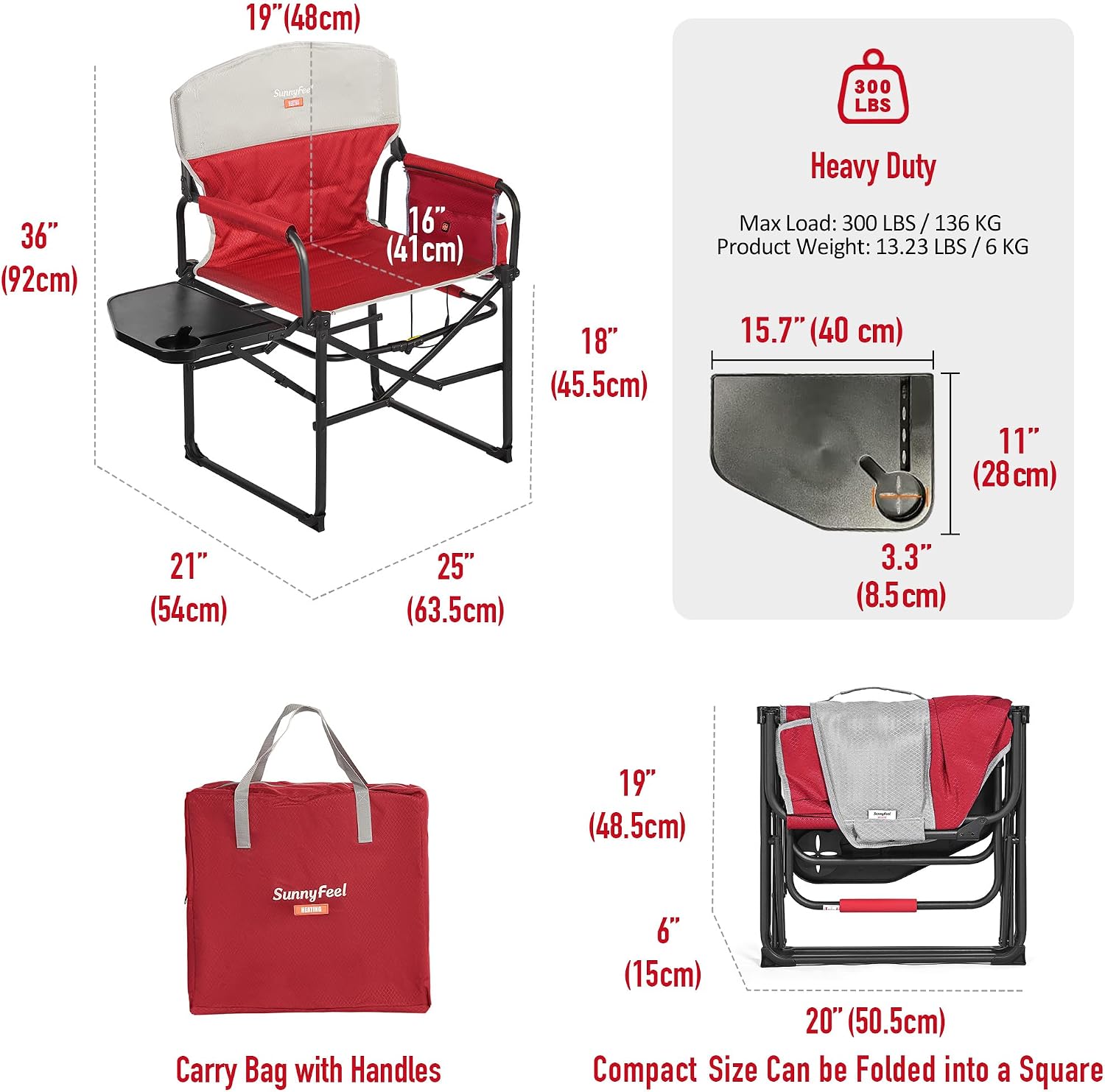 SUNNYFEEL Heated Camping Directors Chair, Heavy Duty,Oversized Portable Folding Chair with Side Table, Pocket for Beach, Fishing,Trip,Picnic,Lawn,Concert Outdoor Foldable Camp Chairs